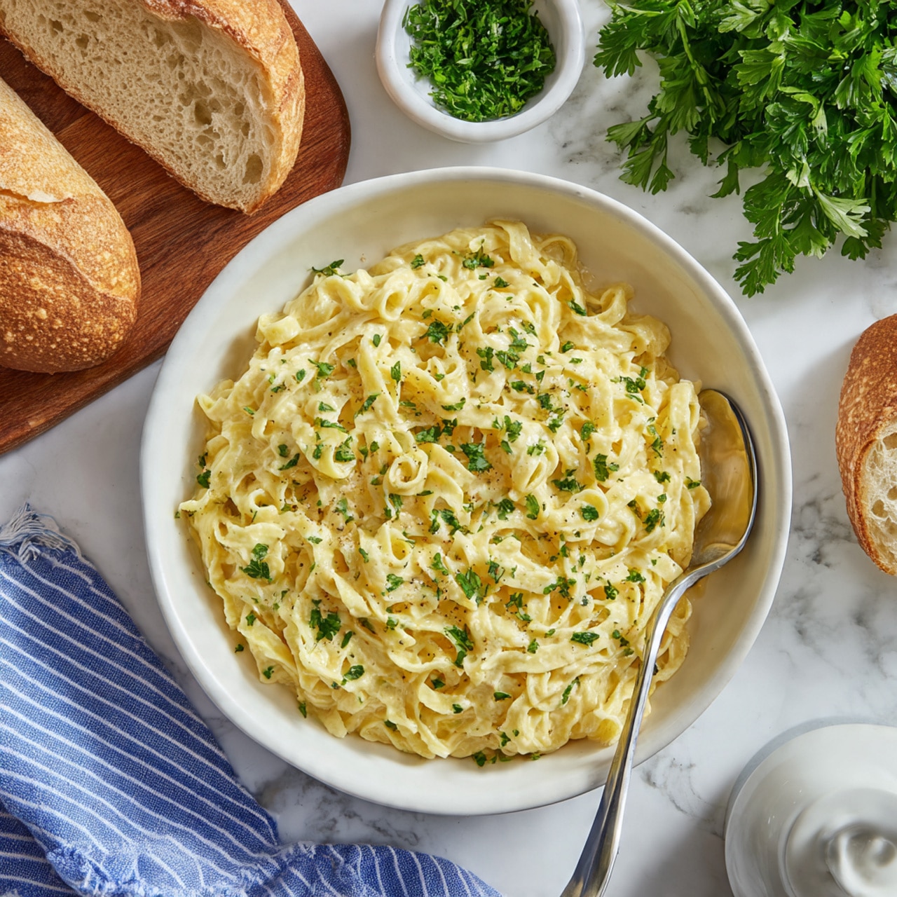 A large white bowl filled with creamy yellow noodles, sprinkled with small green parsley pieces on top, placed on a wooden board. To the left, there is a piece of cut bread showing a soft inside and golden crust. A silver fork is resting inside the bowl on the left side. The scene is set on a white marbled texture with a small round bowl of chopped green herbs and a bunch of fresh parsley at the top left. A white butter dish is on the upper right, and a white and blue striped cloth is draped on the right side. Photo taken with an iphone --ar 4:5 --v 7