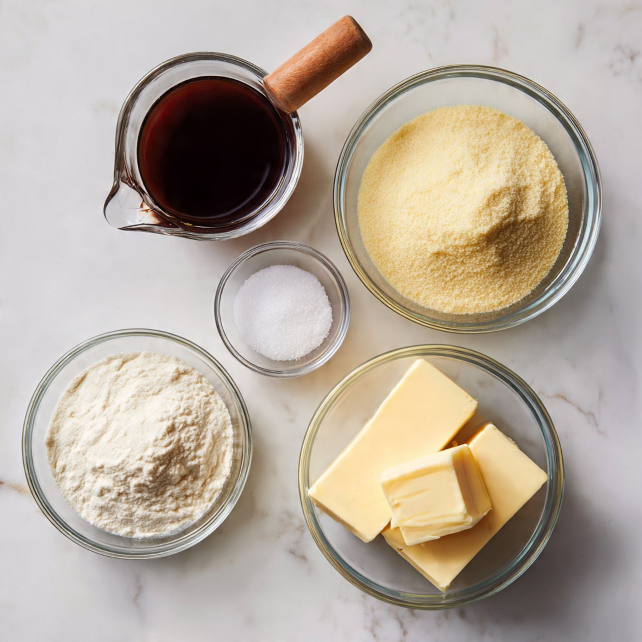 This image shows four clear glass bowls on a white marbled surface. The top left bowl contains a dark brown liquid with a light brown wooden handle attached, appearing like a small pitcher. Below it is a bowl filled with a fine white powder. To the right, there is a large bowl full of a coarse yellowish powder with a small bowl on top holding white granulated sugar. At the bottom is a bowl with two rectangular blocks of pale yellow butter, slightly angled inside the bowl. The arrangement is neat and well spaced. Photo taken with an iphone --ar 4:5 --v 7