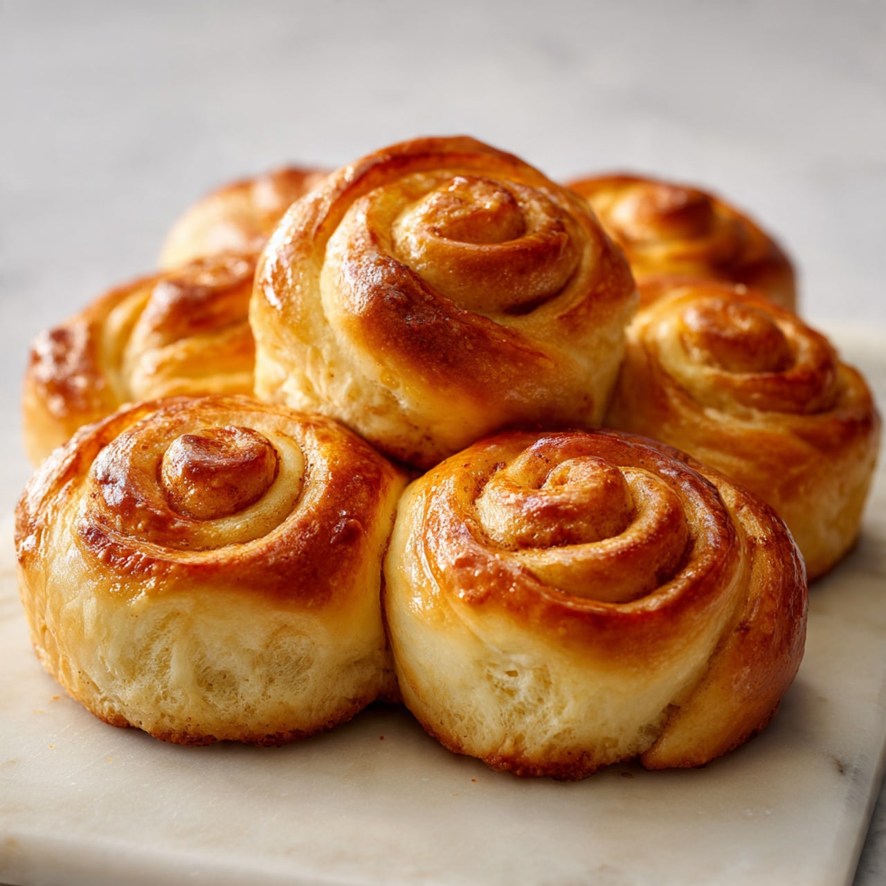 The image shows six golden brown swirled rolls baked together in a cluster on a white marbled board. Each roll has a smooth, shiny surface with a spiral pattern, showing layers of dough that are slightly glossy and caramelized on top. The rolls have soft, flaky edges and a light crust that transitions from a pale golden yellow at the base to a deeper amber on the spiral tops. The rolls are closely touching, creating a flower-like shape with three rolls on top and three on the bottom. The white marbled background enhances the warm tones of the rolls, and the photo has soft, natural lighting that highlights the texture and color of the baked bread. photo taken with an iphone --ar 4:5 --v 7