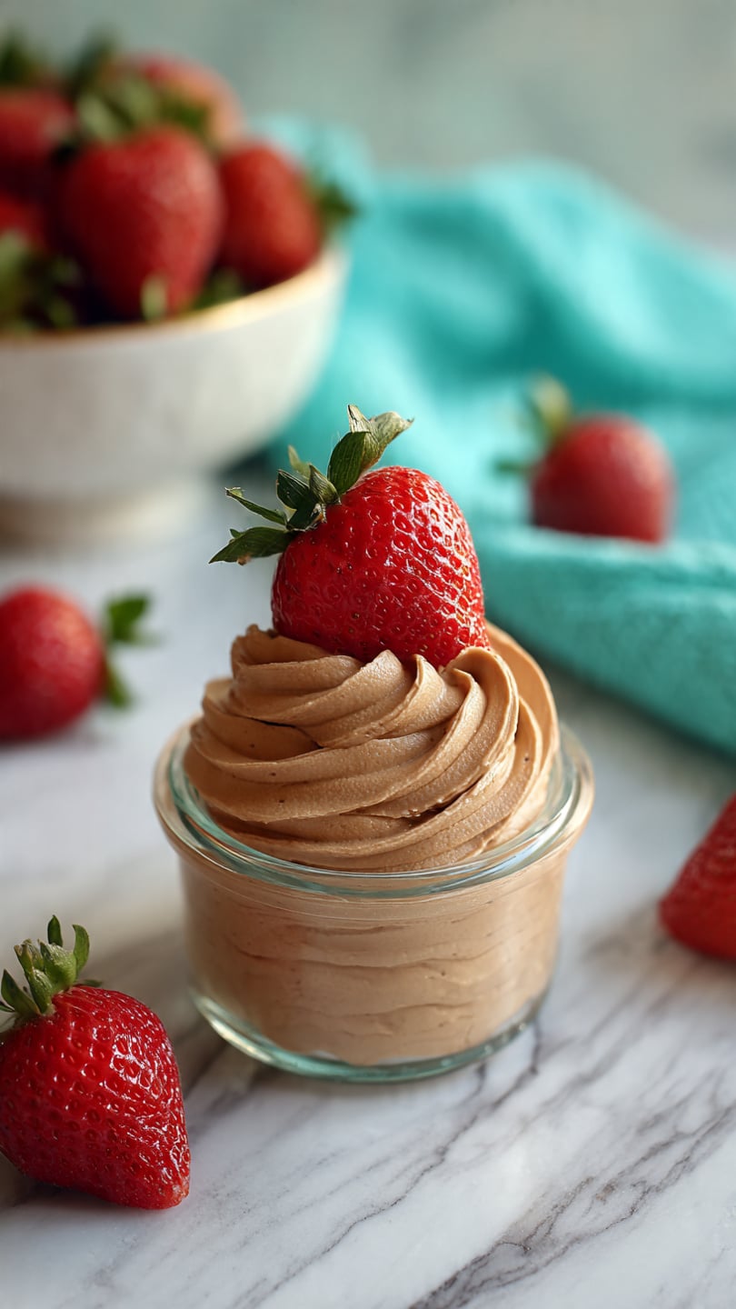 This image shows a small clear glass jar filled with three layers of soft, light brown chocolate cream, swirled in a thick and smooth texture. On the top of the jar, the chocolate cream is shaped like a flower with detailed, wavy edges. A fresh, bright red strawberry with green leaves sits on top, adding a pop of color. In the background, there is a blurred white bowl filled with more strawberries and a turquoise cloth on a white marbled surface. A few strawberries lie around the jar as well, adding to the fresh, inviting look. Photo taken with an iphone --ar 4:5 --v 7