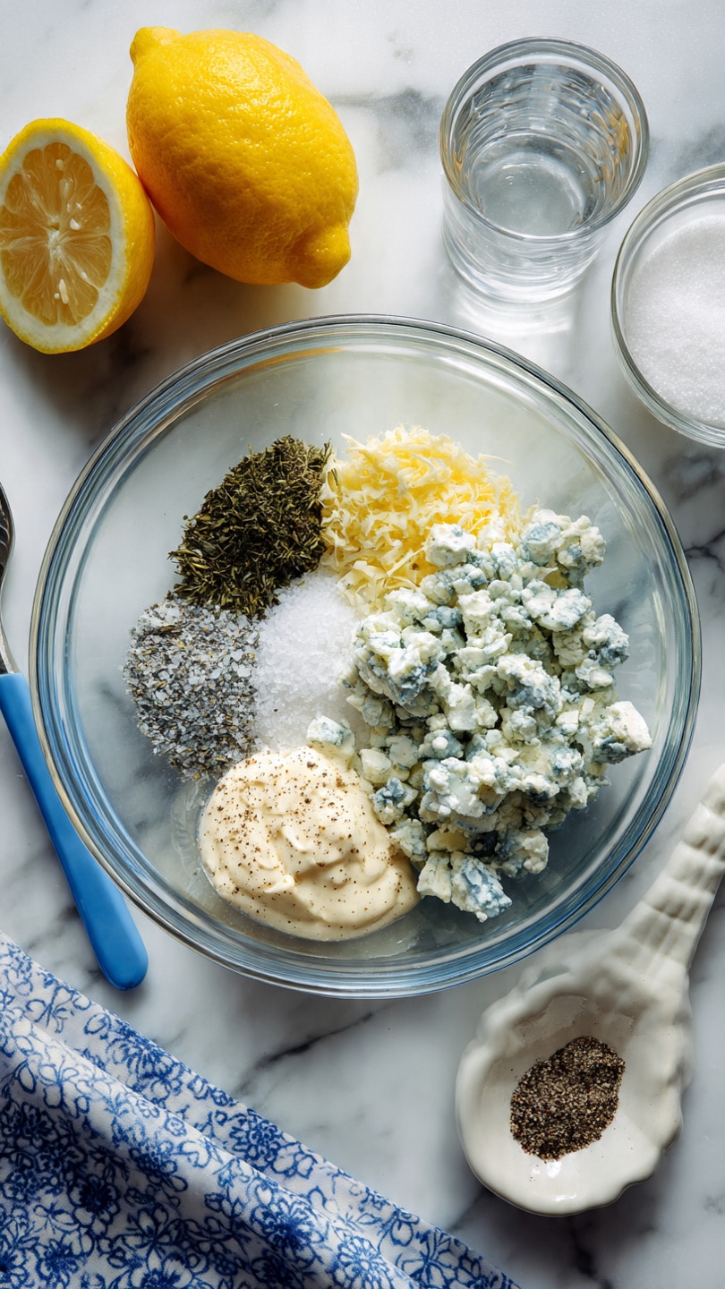 A clear glass bowl sits on a white marbled surface, filled with five distinct layers of ingredients arranged separately in the bowl. On the bottom right is a large portion of crumbly blue cheese with white and blue-green specks. Above it, there is a sprinkling of white granulated salt. To the upper left is a dark green dried herb, and below it a pale yellow powder. At the bottom left is a dollop of light beige mayonnaise topped with crushed black pepper. Surrounding the bowl are a half lemon with a rough texture, a small glass bowl of white granulated sugar, a clear glass cup of water, a small white plate with cracked black pepper, and a white spoon with a bright blue handle resting on a blue and white patterned kitchen towel. Photo taken with an iphone --ar 4:5 --v 7