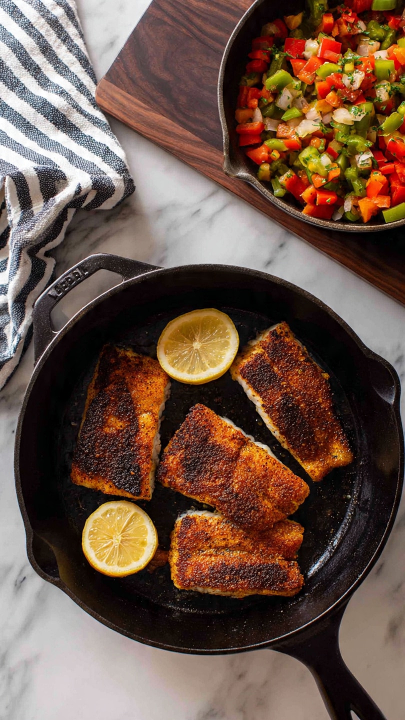 A black pan holds four pieces of cooked white fish with dark, crispy grill marks on top. Each piece is topped with a colorful mix of small chopped vegetables including green, red, and orange pieces, arranged evenly over the fish. A half lemon with a pale yellow inside is placed on the side of the pan. The pan rests on a dark wooden surface with a white bowl of red seasoning nearby and a few fresh green leaves at the bottom right. The scene shows a close, bright view, highlighting the textures and colors clearly photo taken with an iphone --ar 4:5 --v 7