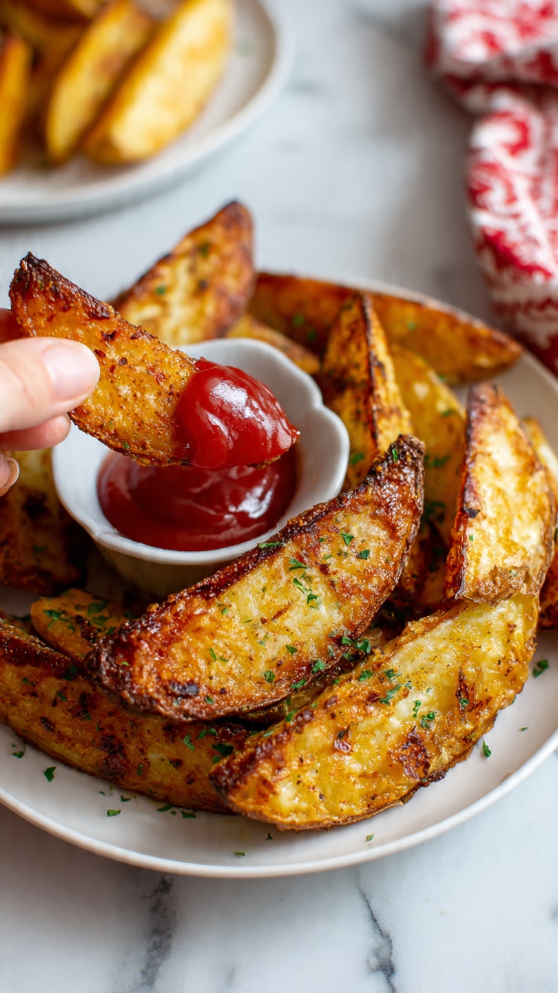 A white oval plate filled with a generous pile of crispy, golden-brown potato wedges, each wedge showing a slightly charred and seasoned texture with specks of herbs and a light dusting of salt. To the right side of the plate, inside the same dish, is a small white round bowl filled with vibrant red ketchup. In the background, there is a larger white plate with blue floral patterns stacked with several large pieces of golden fried chicken, showing a crunchy texture. Two glasses of dark soda filled with ice cubes sit on the white marbled surface next to a small white dish with coarse salt and a grey dish with black pepper, all behind a red and white striped cloth napkin. Photo taken with an iphone --ar 4:5 --v 7