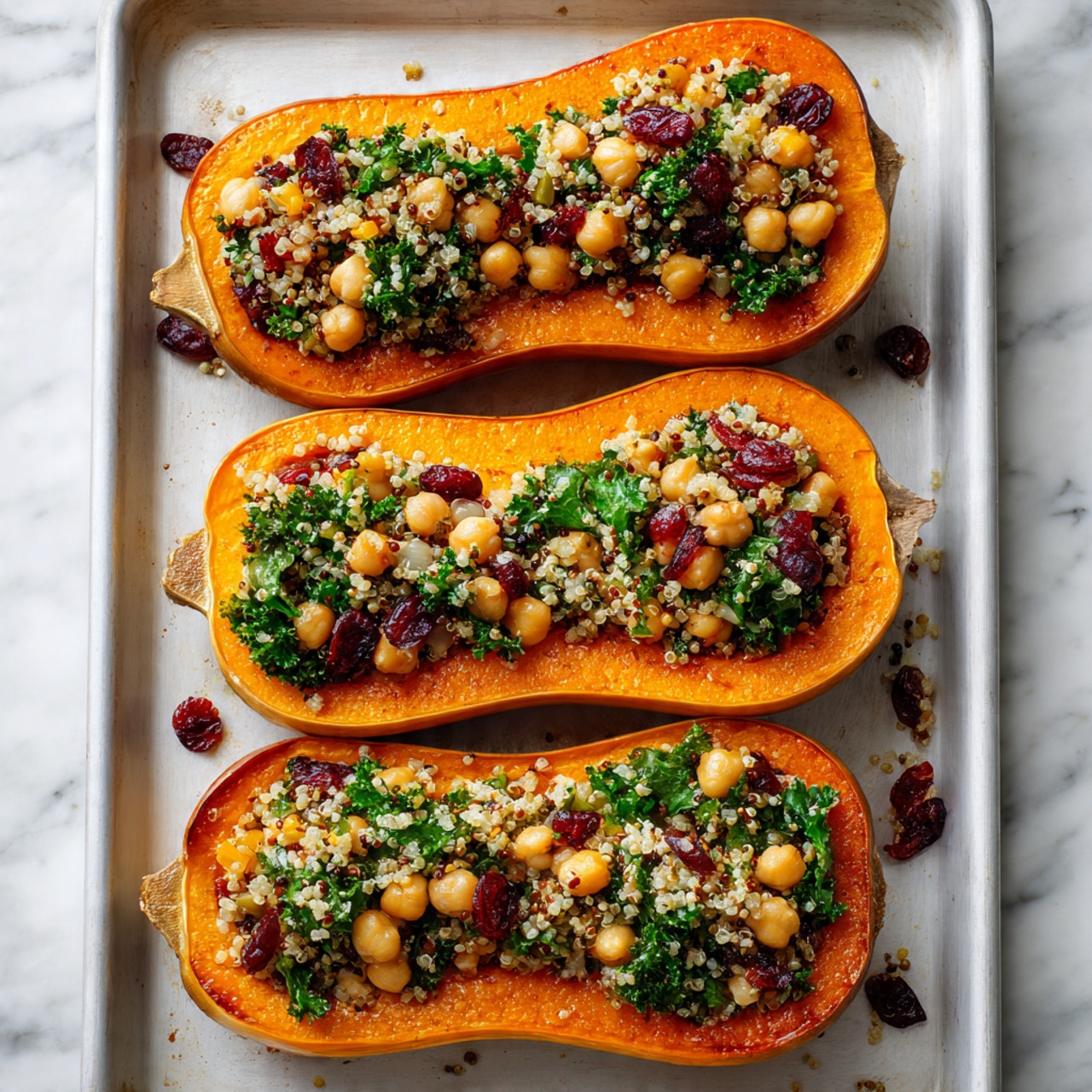 Stuffed Butternut Squash with Quinoa, Kale, Cranberries, and Chickpeas Recipe