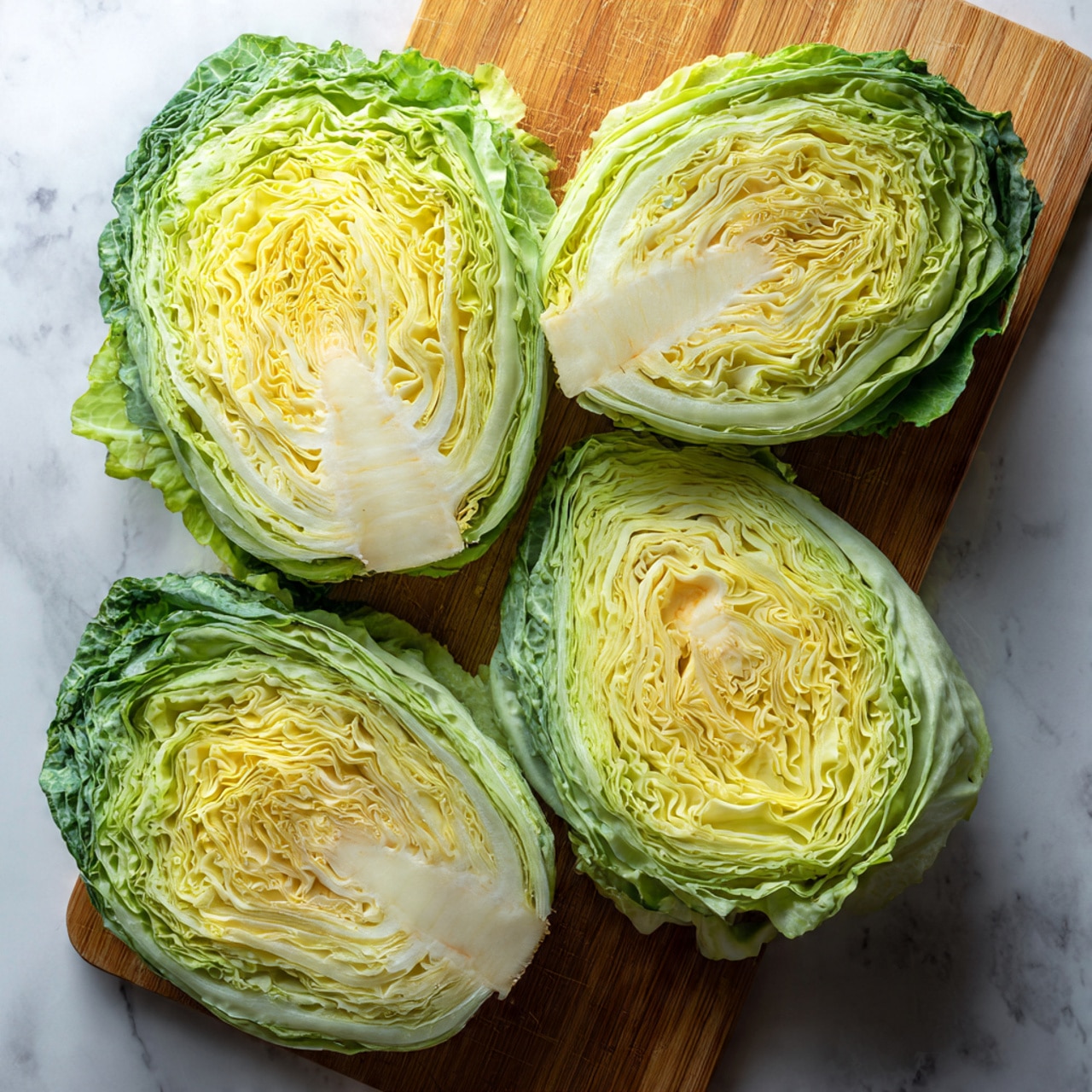 The image shows five thick slices of roasted cabbage on a seasoned baking tray. Each cabbage slice is made of many layers of pale yellowish-white leaves with browned, crispy edges, giving a charred texture. The cabbage is topped with small pieces of toasted pecans, bright green parsley flakes, and a sprinkle of coarse seasoning that looks like salt or seeds. The baking tray is set on a white marbled surface with a blue and white checkered cloth slightly visible to the side. The overall look is rustic and warmly browned with fresh herb details. photo taken with an iphone --ar 4:5 --v 7