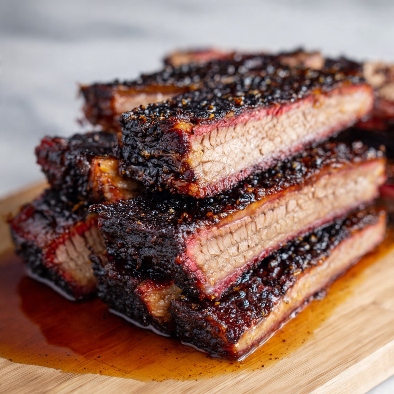 The image shows a single large piece of dark, richly charred meat with a blackened crust on its surface. The meat has a rough texture with visible grill marks and glossy spots of juices, resting on bright orange, crinkled butcher paper. A thin metal probe thermometer sticks out from the side of the meat. The background is a white marbled texture. photo taken with an iphone --ar 4:5 --v 7