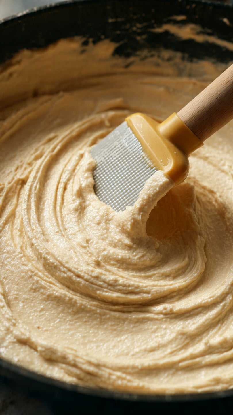 This is a close-up view of a light tan, creamy mixture with a smooth and slightly grainy texture spread in a layer inside a black pan. A flexible spatula with a clear, slightly yellow-tinted, grid-patterned silicone head and a wooden handle is partially lifting and folding this creamy mixture from the pan. The mixture layer covers most of the visible pan base, with some swirls and uneven edges showing its softness. The surface reflects soft lighting, highlighting the texture and moisture of the mixture. Photo taken with an iphone --ar 4:5 --v 7