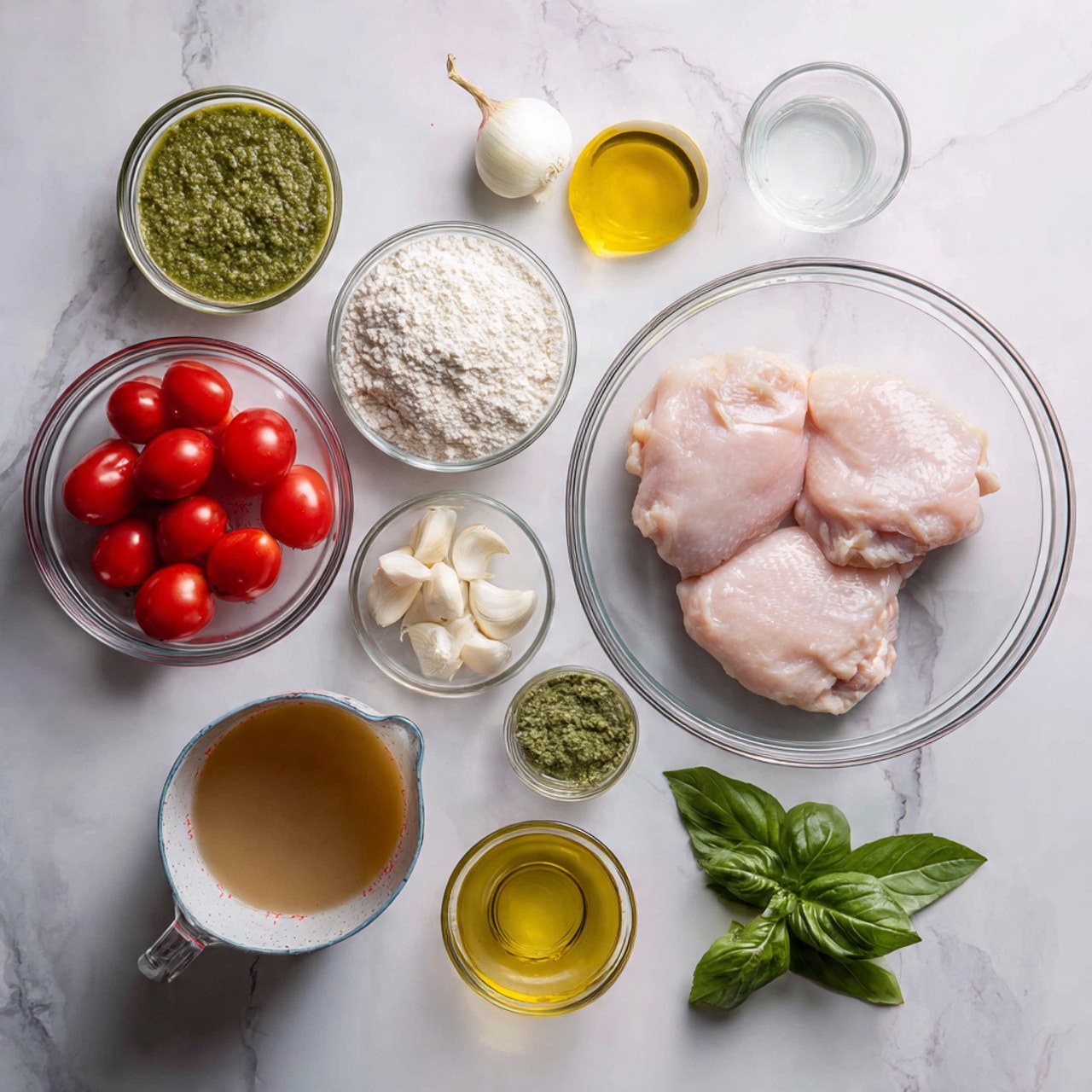 The image shows a white marbled surface with several clear glass bowls and a measuring cup arranged neatly. In the center right is a large clear glass bowl holding two raw, pale pink chicken pieces. Surrounding it are smaller clear bowls filled with bright red cherry tomatoes, white flour, light green pesto, fresh green basil leaves, and a few peeled white garlic cloves. There is also a whole white onion and a small amount of golden yellow olive oil in a bowl. A glass measuring cup contains a light brown liquid, likely broth, and another has a small amount of clear liquid, probably milk. The overall setup is clean and organized, ready for cooking photo taken with an iphone --ar 4:5 --v 7