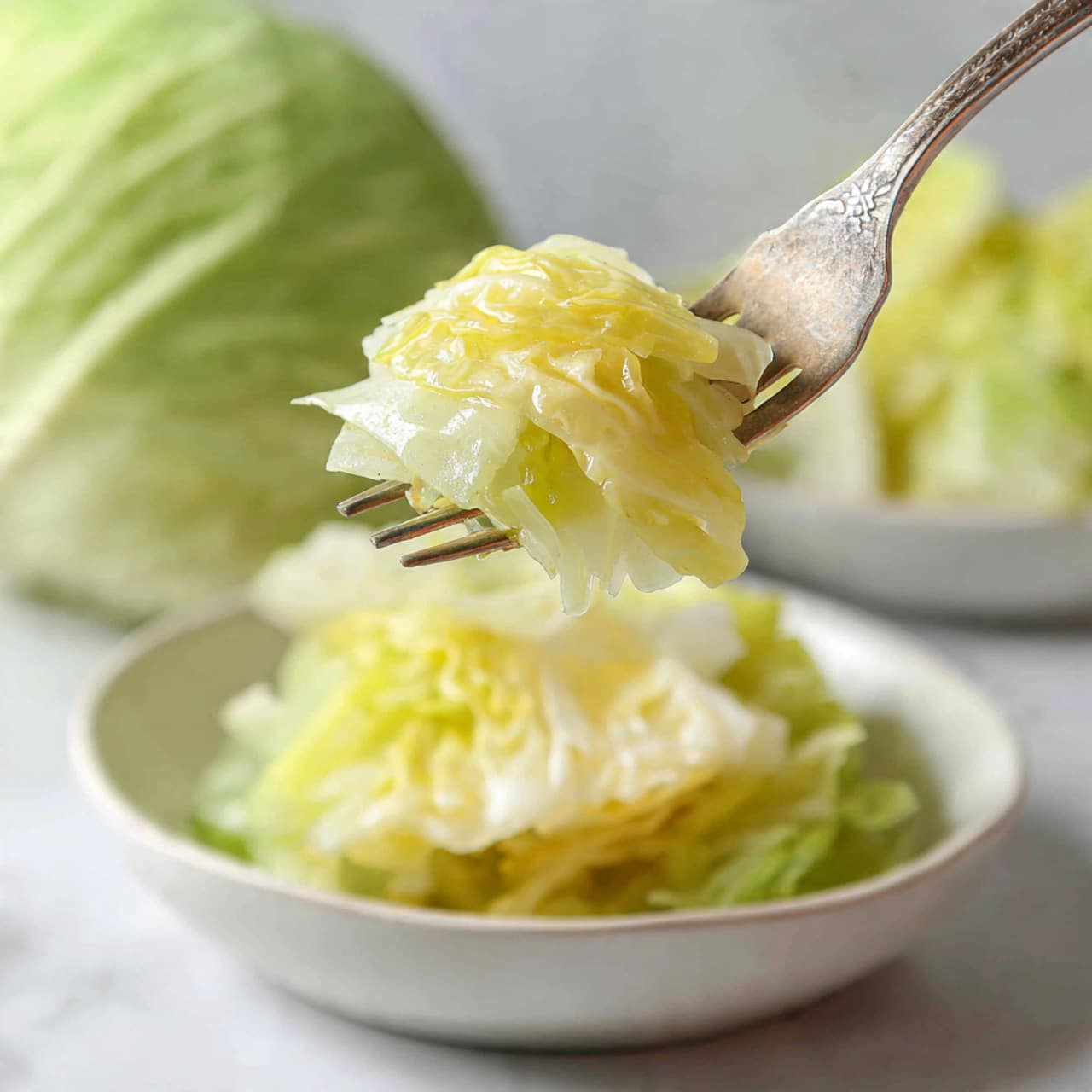The image shows a white bowl filled with light green cooked cabbage leaves layered loosely, giving a soft and moist texture. The cabbage leaves are pale yellow-green with some parts looking tender and slightly translucent. The bowl has a small handle and a decorative pattern of small orange and brown vegetables on its side. The bowl is placed on a woven natural-colored mat with a white marbled texture background. A silver fork and knife rest on the edge of the bowl, and behind it, there is a partially visible whole head of fresh cabbage and a folded cloth with green and white patterns. Photo taken with an iphone --ar 4:5 --v 7