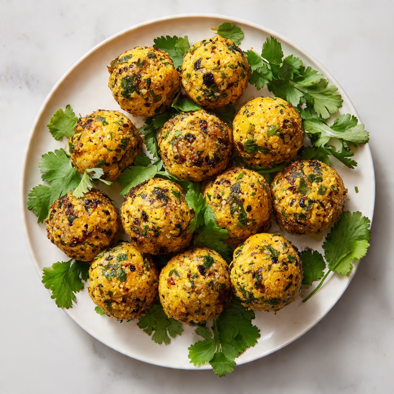 A white round plate filled with 15 round golden-yellow balls made from a mixture that includes green herbs, giving them a speckled green and yellow look. The balls are tightly packed, slightly browned, and have a soft texture with small bits of leaves visible inside. Around the balls, fresh green cilantro leaves are placed on the plate and sprinkled on top. The plate is set on a white marbled surface. photo taken with an iphone --ar 4:5 --v 7