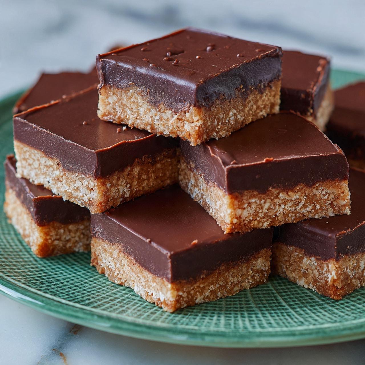 The image shows multiple square pieces of chocolate-covered bars stacked on a white marbled surface. Each bar has two layers: a thick, smooth, dark brown chocolate top layer with a slightly glossy finish and some small indentations, and a bottom layer that is light brown, crumbly, and textured like a biscuit or cookie base. The bars are arranged on a green plate with a detailed woven pattern and raised edges, with some bars stacked on top of each other, showing the layers clearly. Photo taken with an iphone --ar 4:5 --v 7