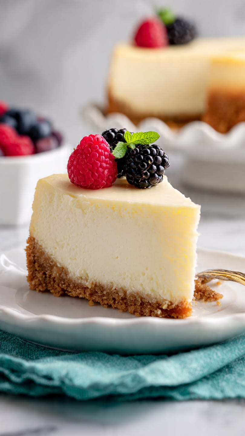 A slice of cheesecake with three visible layers: a light brown crumbly crust at the bottom, a thick creamy white cheese layer in the middle with a smooth texture, and a light yellowish smooth top layer. On top of the cheesecake slice, there are two berries, one red raspberry on the left and one black blackberry on the right with a small green leaf between them. The slice is served on a white plate with a scalloped edge, placed on a teal cloth over a white marbled surface. In the background, there is a blurred slice of cheesecake with similar berries on a white plate and a white bowl with more berries. Photo taken with an iphone --ar 4:5 --v 7