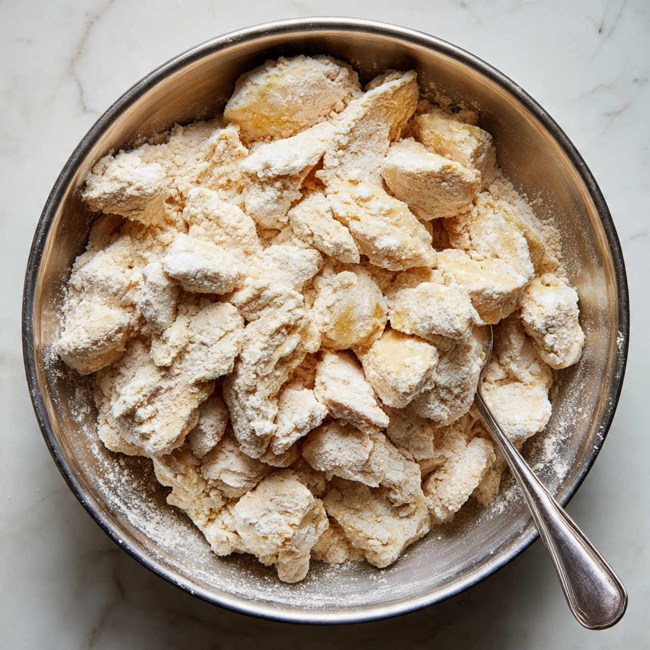 A close-up view of a white bowl filled with three main layers: golden-brown crispy chicken pieces with a slightly shiny texture are piled on the front left side; steamed white rice with a soft, fluffy look is on the right side; and bright green broccoli florets with a fresh, textured surface sit behind the chicken and rice layers. Above the bowl, a wooden honey dipper is held, dripping amber-colored honey onto the chicken pieces. The background is a white marbled surface, soft and blurred, keeping focus on the dish. photo taken with an iphone --ar 4:5 --v 7