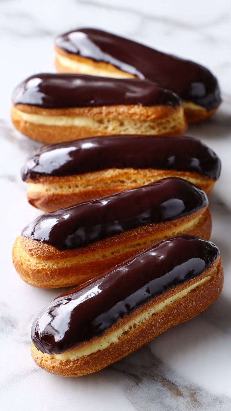 Three chocolate eclairs are placed on a white marbled surface. Each eclair has a light golden-brown dough base, topped with a smooth, shiny dark chocolate layer that covers the entire top surface of each pastry. Near one end of every eclair, there is a small cluster of tiny round sprinkles in pastel colors, including white, yellow, blue, and pink. The chocolate coating has a rich, glossy texture that reflects light softly. Photo taken with an iphone --ar 4:5 --v 7