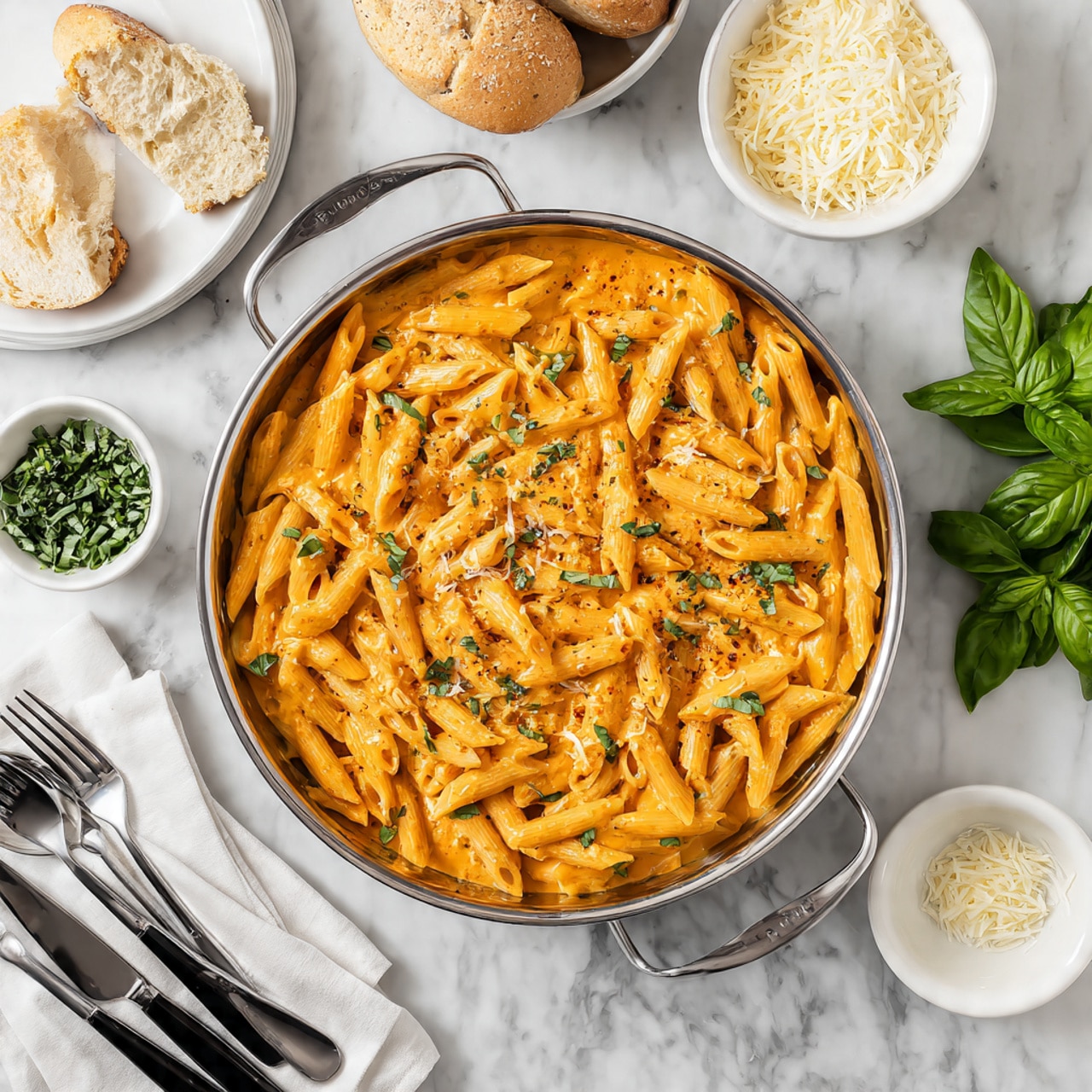 A round metal pan filled with cooked penne pasta coated in creamy orange sauce, topped with small pieces of green basil leaves and thin sprinkles of grated cheese. The pan is placed on a white marbled surface with fresh green basil leaves on the right side. Around the pan, there are three small white bowls: one with grated cheese, one with chopped green herbs, and one with bread slices. On the left, a stack of white plates is paired with three silver forks, and in the bottom right, there is a black serving spoon. photo taken with an iphone --ar 4:5 --v 7
