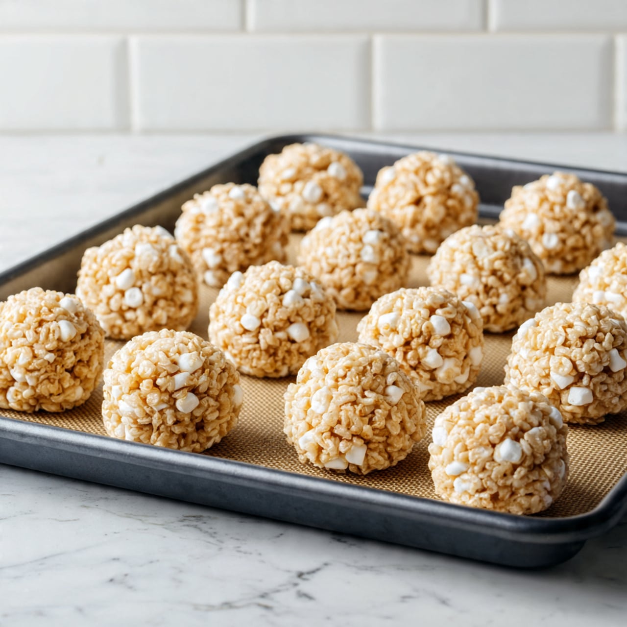 The image shows a baking tray with a nonstick mat holding twelve round, light tan Rice Krispies treats shaped into balls. Each ball has a bumpy texture from the puffed rice cereal and white marshmallow pieces spread throughout. The tray is placed on a surface with a white marbled texture, and the background consists of a white brick wall. The treats are arranged in neat rows, evenly spaced. photo taken with an iphone --ar 4:5 --v 7