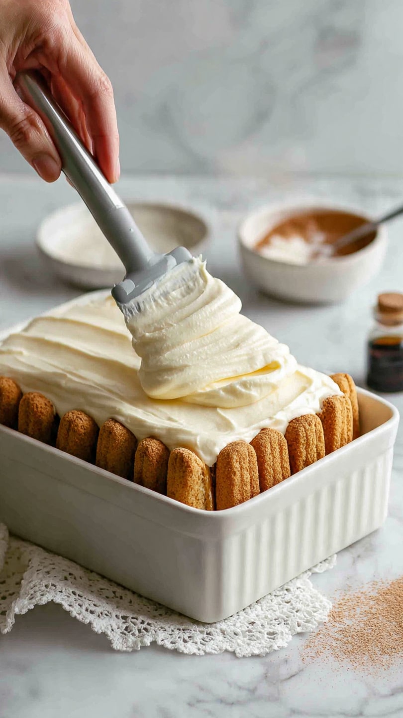 A square white ceramic dish filled with a creamy dessert topped with a thick, even layer of light brown cocoa powder dusted all over its surface. The edges show a smooth white creamy layer peeking out under the cocoa powder, suggesting a multi-layered dessert. At the top right corner, a small white bowl contains some cocoa powder with some spilled powder around it, all set on a white marbled surface. Photo taken with an iphone --ar 4:5 --v 7