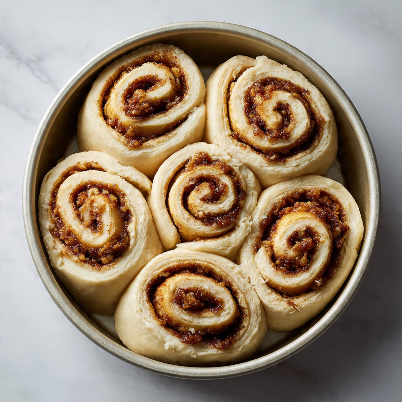 A round baking pan filled with six raw cinnamon rolls arranged close together. Each roll has a spiral shape with light beige dough and a darker brown cinnamon filling visible inside the swirls. The dough looks soft and smooth, and the cinnamon filling has a slightly shiny, sticky texture. The pan rests on a white marbled surface. photo taken with an iphone --ar 4:5 --v 7