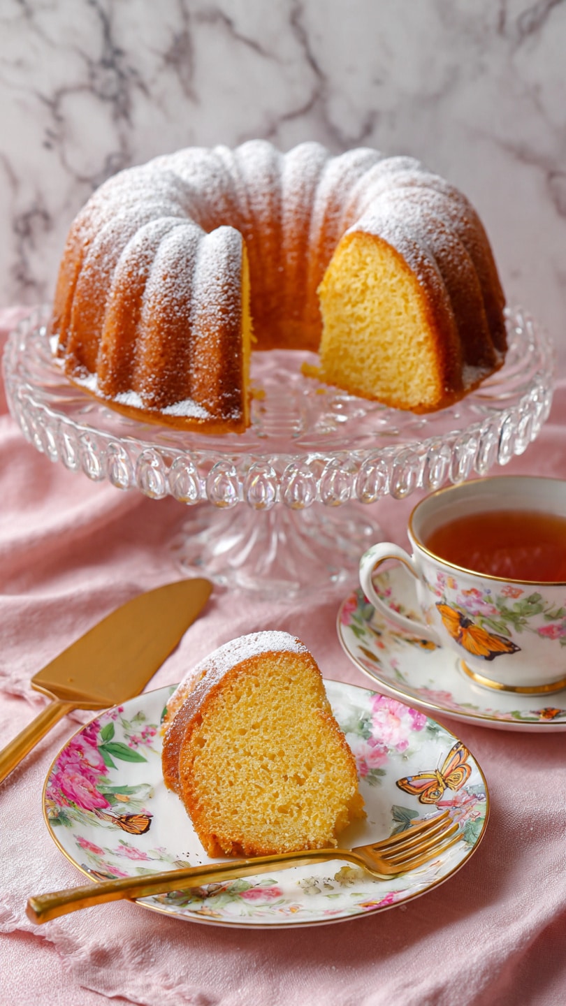 A golden brown Bundt cake with a light dusting of powdered sugar sits on a clear glass cake stand with decorative edges, placed on a soft pink cloth over a white marbled background. One thick slice is taken out, showing the cake’s soft, dense texture in a warm yellow color inside. In front of the stand, the slice rests on a white plate with colorful floral and butterfly designs and a gold-trimmed edge. A gold fork lies next to the slice on the plate. To the right, there is a white teacup filled with amber-colored tea on a matching floral saucer. A gold cake server lies beside the cake on the pink cloth. photo taken with an iphone --ar 4:5 --v 7