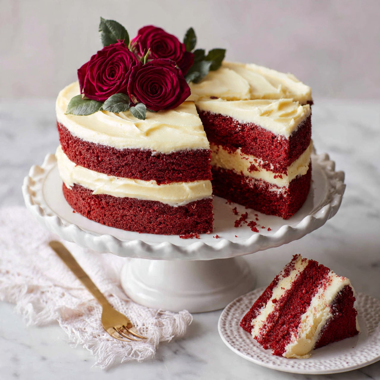 The image shows a round, two-layer red velvet cake on a white scalloped cake stand. Each layer is deep red with a generous layer of smooth white cream cheese frosting in between and around the sides, softly textured to reveal some red cake underneath. On top, there are three fresh, deep red roses with green leaves placed on one side near the edge. Another red rose rests at the base of the cake stand on the right side. The background and surface are white marble with soft grey veins. Photo taken with an iphone --ar 4:5 --v 7