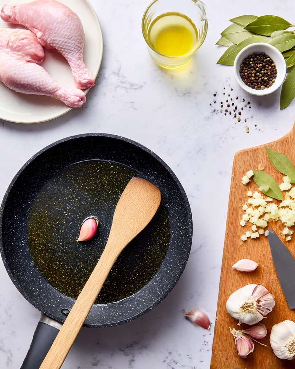 A black speckled pan filled with a thin layer of oil and one small pink garlic clove sits on a white marbled textured surface. A wooden spatula rests diagonally inside the pan. To the left, two raw pink chicken legs are placed on a white plate. Above the pan, a glass with a light yellow liquid and a small white bowl with yellow oil are visible. On the right side, a wooden cutting board holds chopped garlic cloves next to a metal knife. Fresh green herbs, bay leaves, black peppercorns in a small white bowl, and garlic bulbs with some peeled cloves are scattered on the surface. Photo taken with an iphone --ar 4:5 --v 7