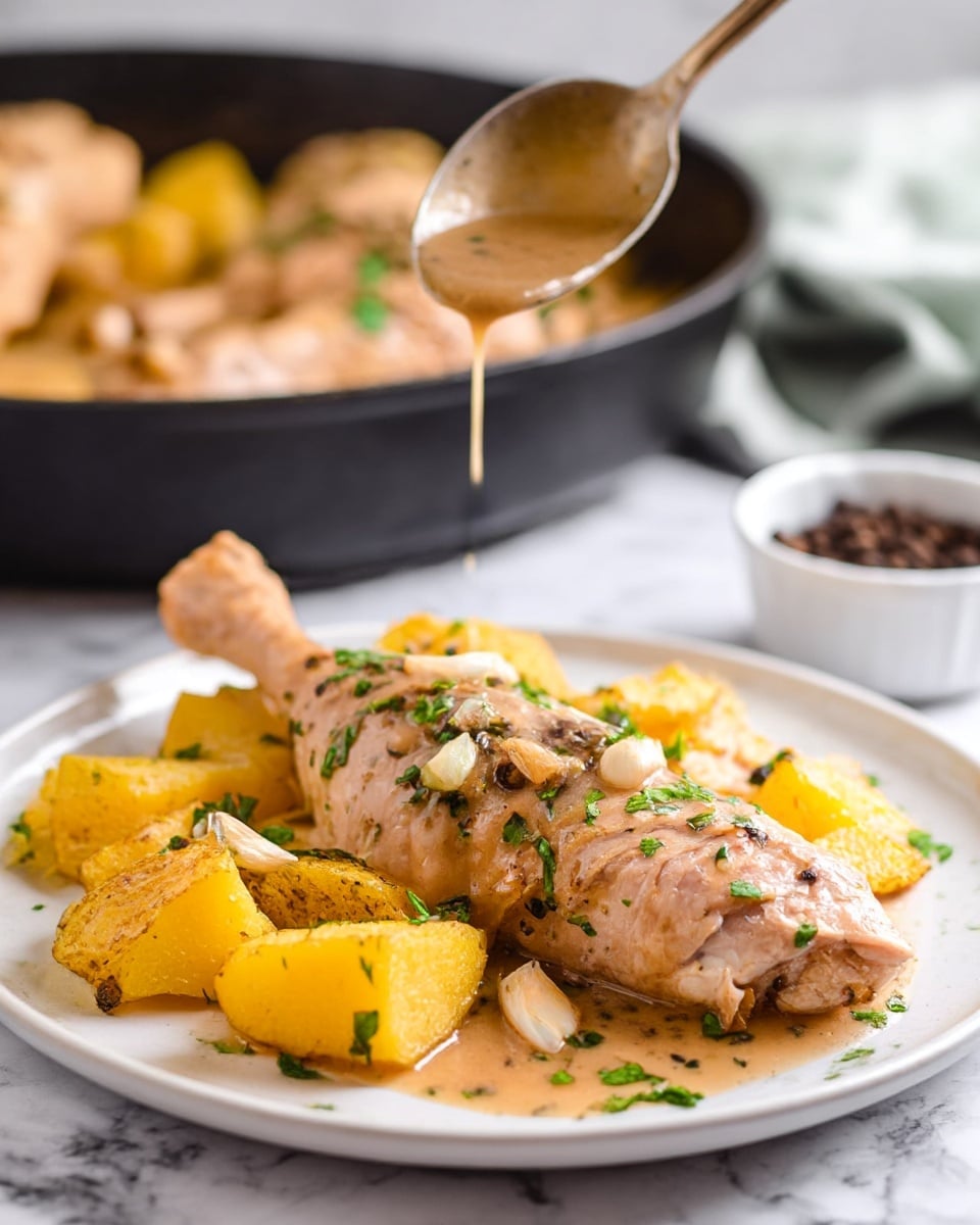 A white plate holds a cooked chicken leg covered with light brown sauce, topped with chopped green herbs and small pieces of garlic. Around the chicken leg are roasted yellow potato chunks with a slightly crisp texture. In the background, a black pan with similar chicken legs is slightly out of focus. A spoon with sauce is being held above the chicken leg, pouring more sauce onto it. The scene is set on a white marbled surface with a small white bowl of black peppercorns nearby. photo taken with an iphone --ar 4:5 --v 7