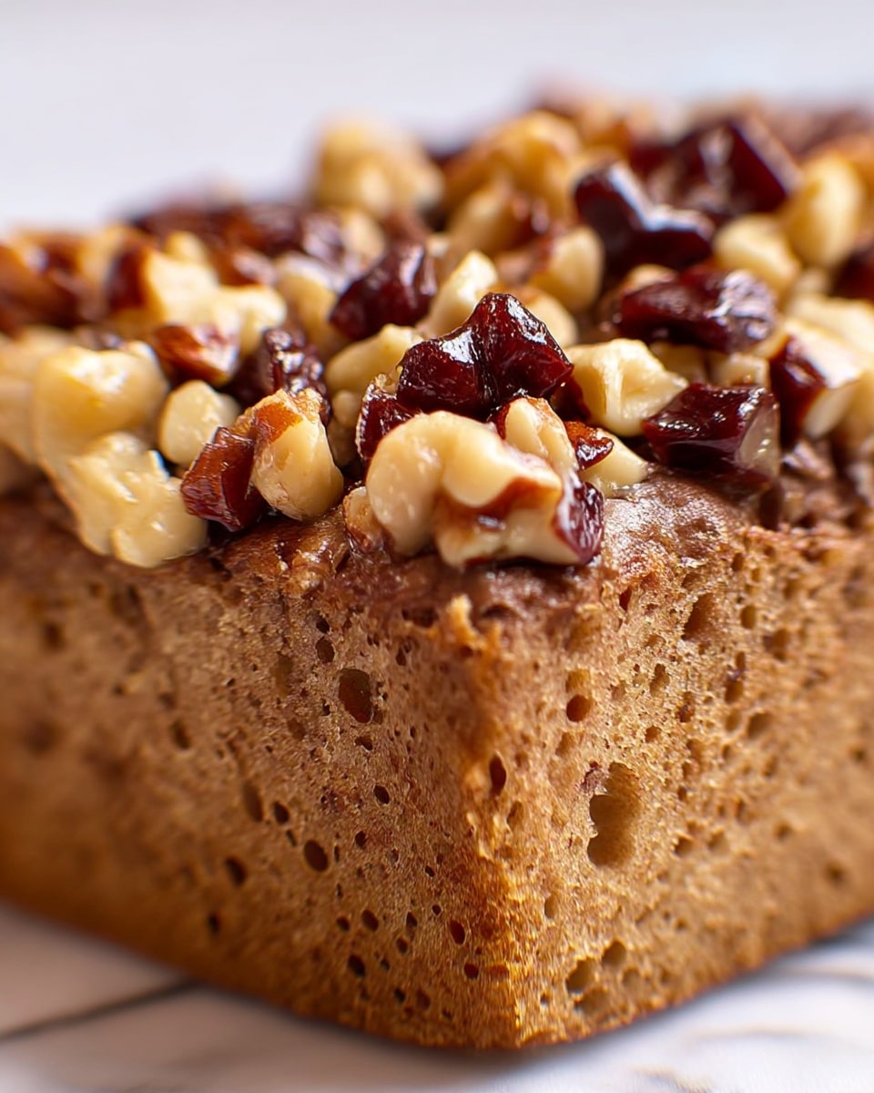 The image shows a loaf-shaped cake with a dense texture, covered completely on top with a thick layer of chopped hazelnuts in various sizes. The nuts have a shiny, caramelized coating that makes them look glossy and rich, with some parts darker brown and others lighter cream in color, giving a varied and crunchy appearance. The cake itself is golden brown and looks moist beneath the nut topping. The background is a white marbled textured surface. photo taken with an iphone --ar 4:5 --v 7