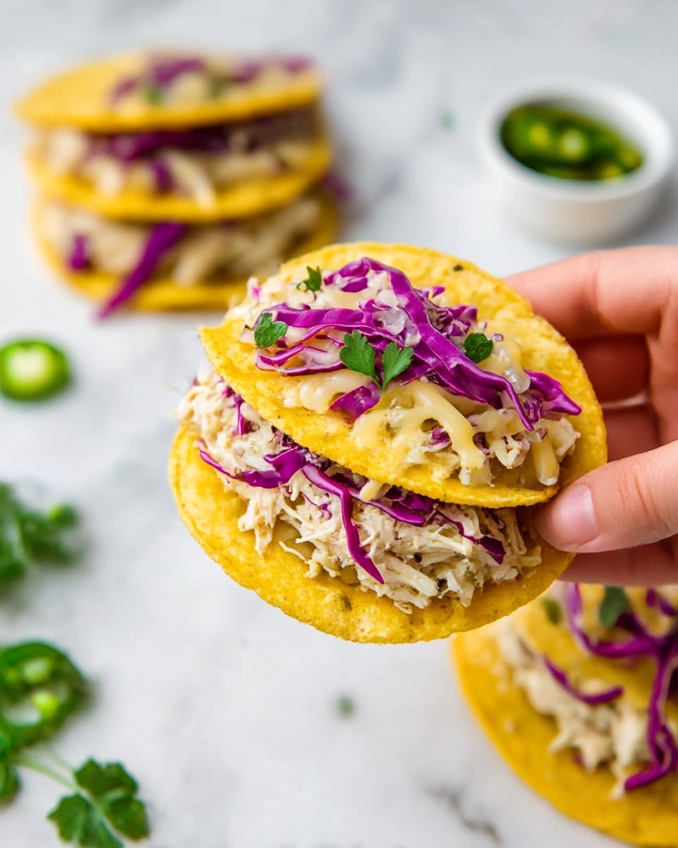 A woman's hand holds a round yellow taco chip with three layers: the bottom layer is a crispy textured yellow taco chip, the middle layer is shredded white chicken mixed with melted light yellow cheese scattered unevenly, and the top layer is bright purple shredded cabbage with a few small green herb leaves mixed in. In the background, there are more tacos with the same layers on a white marbled surface, a small white bowl of sliced green jalapenos, and a sprig of fresh green parsley slightly out of focus. photo taken with an iphone --ar 4:5 --v 7