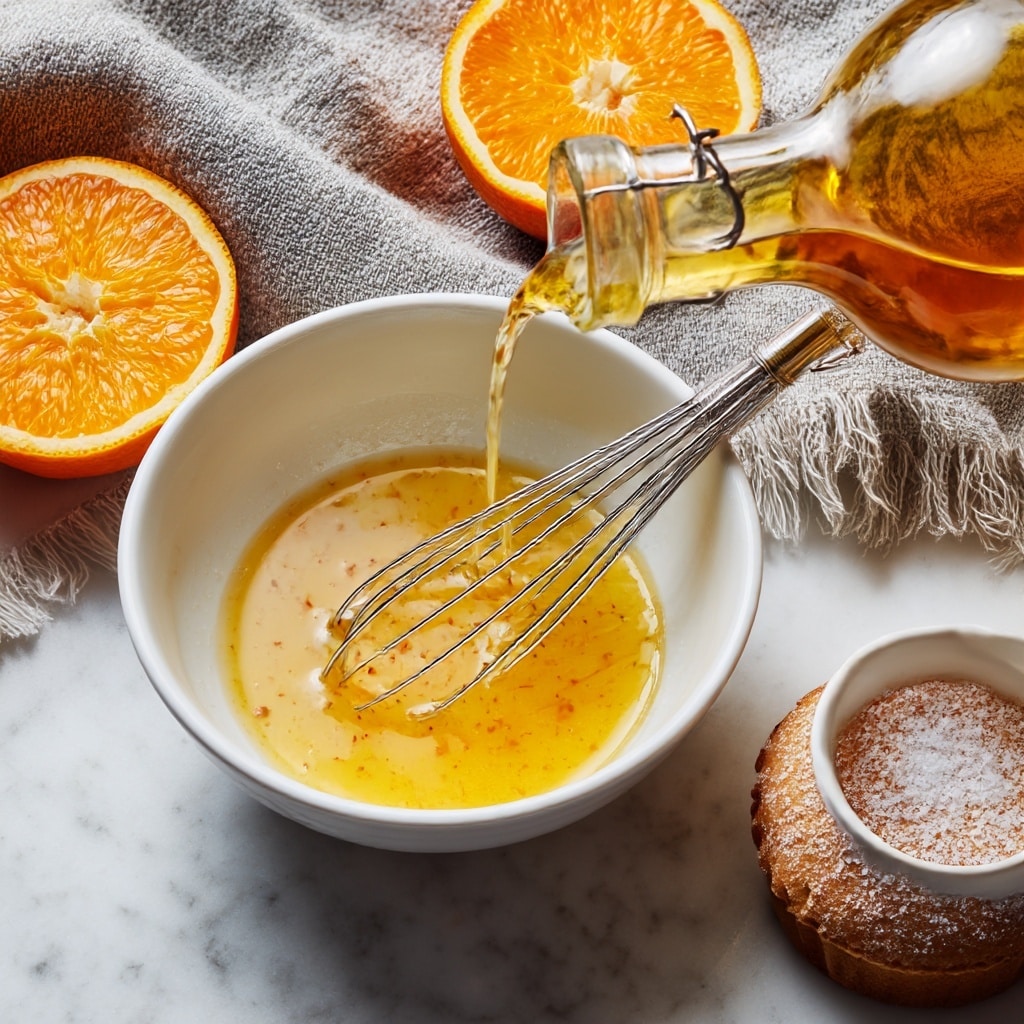 A white bowl sits on a white marbled surface, filled with a yellow-orange liquid mixture that has a slightly thick texture and small bits floating in it. A woman's hand holds a small metal whisk inside the bowl, stirring the mixture while a glass bottle with a metal clasp pours a clear golden liquid into the bowl from the top right. Surrounding the bowl are two halves of bright orange oranges, showing their juicy inner texture, a small white ceramic cup, and a beige round pastry topped with white granulated sugar, placed near a textured grey fabric with frayed edges. Photo taken with an iphone --ar 4:5 --v 7