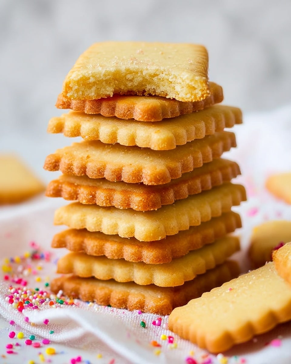 A stack of seven rectangular butter cookies with scalloped edges is placed on a white cloth with colorful round sprinkles scattered around. The cookies have a golden brown color, gradually darker from top to bottom, with the top cookie showing a bite taken out, revealing a soft, crumbly texture inside. The background features a white marbled texture. photo taken with an iphone --ar 4:5 --v 7