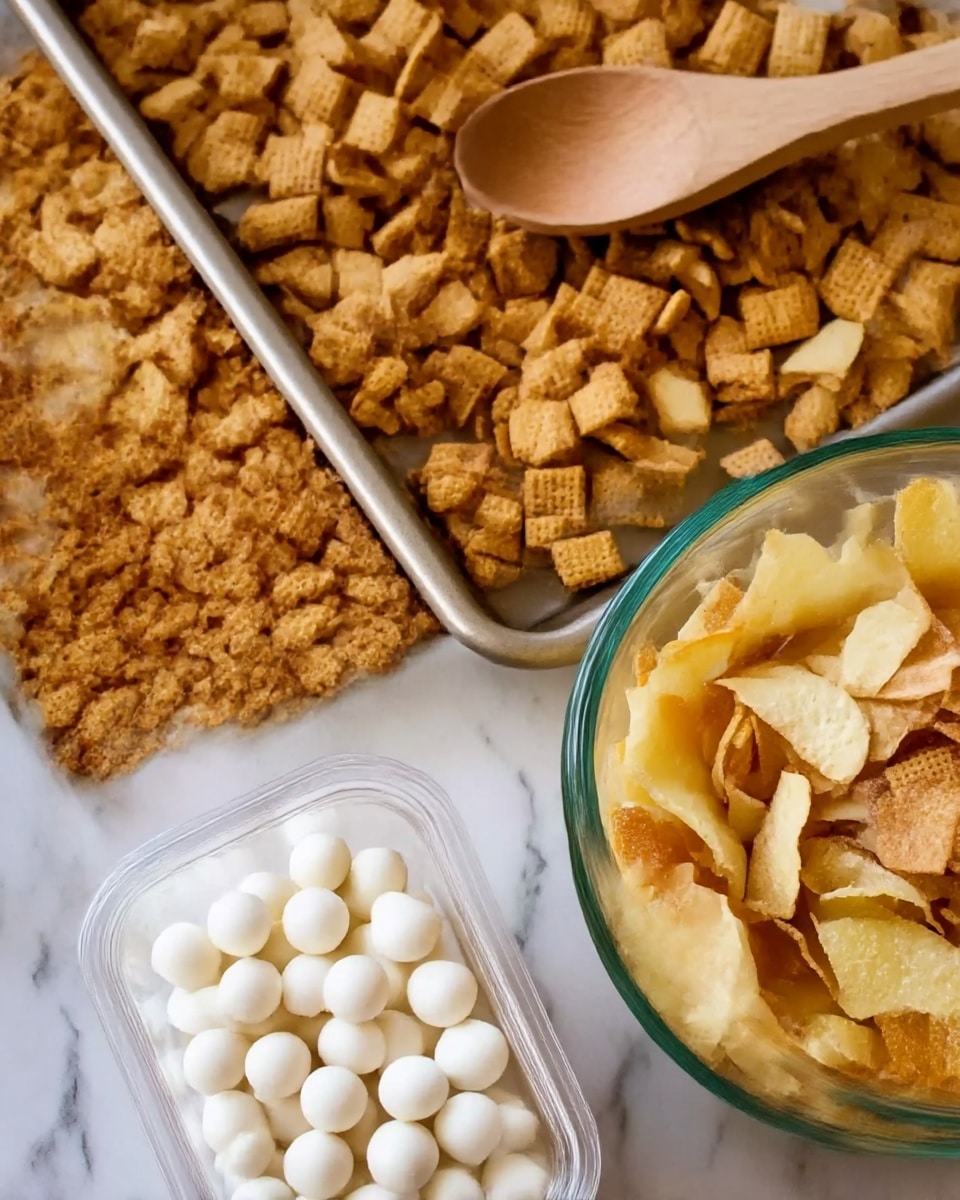 The image shows a baking tray filled with small square cereal pieces, golden brown in color, with a wooden spoon resting on top of the cereal. Next to the tray, there is a clear glass bowl filled with thin, yellow and light brown dried fruit chips. In front of both, there is a clear plastic container holding small round white candies. The surfaces around the food items have a white marbled texture. photo taken with an iphone --ar 4:5 --v 7