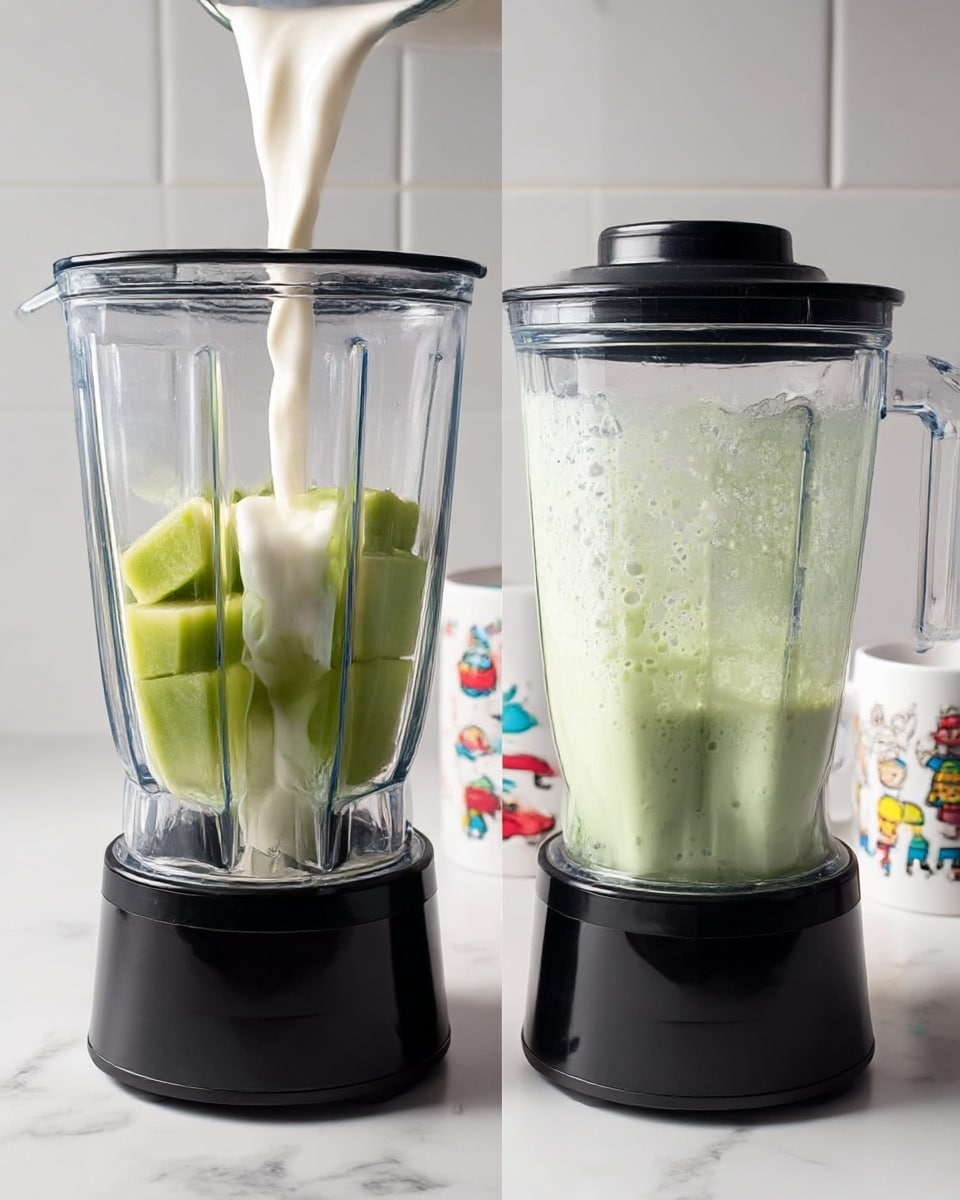 The image shows two white bowls with a honeycomb texture filled with a creamy, pale green pudding that has small tapioca pearls mixed in. On top of the pudding are smooth, round green melon balls, some in the bowl and some lifted on a silver spoon close to the camera. The bowls sit on a light brown wooden board, which rests on a white marbled surface. Soft light highlights the creamy texture and the fresh, shiny melon balls, creating a fresh and inviting look. photo taken with an iphone --ar 4:5 --v 7