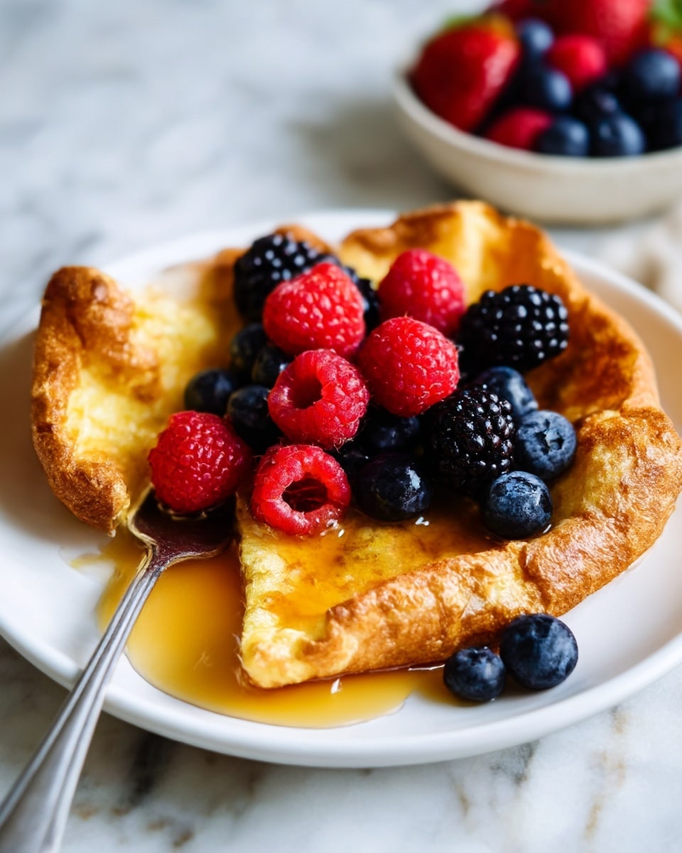 A large golden brown pancake with a puffy, uneven surface and crispy, darker edges sits inside a black cast iron pan. The pancake has spots of light and dark yellow with some parts puffed up higher, dusted with a fine white powdered sugar evenly spread over it. Next to the pan on a white marbled surface, there is a white bowl filled with bright red raspberries, dark blackberries, and blue blueberries, adding a fresh and colorful contrast to the warm pancake. Photo taken with an iphone --ar 4:5 --v 7