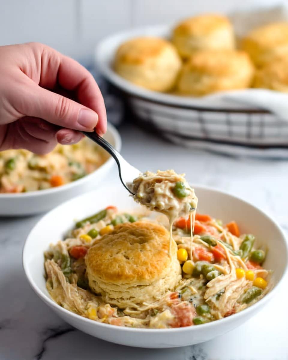 The image shows a close-up of a white bowl filled with a creamy chicken and vegetable mixture. The dish has layers of shredded chicken, orange carrot pieces, green beans, and yellow corn mixed in a pale, creamy sauce with a soft texture. On top, there is a golden-brown biscuit with a slightly rough texture sitting in the bowl. A woman's hand holds a fork lifting a portion of the mixture with chicken, vegetables, and sauce dripping slightly, positioned above the bowl. In the background, there is another white bowl filled with the same dish and a basket with more golden biscuits, all placed on a white marbled surface. Photo taken with an iphone --ar 4:5 --v 7