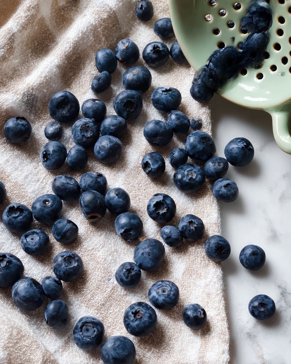 A cluster of fresh blueberries scattered unevenly across a beige and white checkered textured cloth, with round, plump berries showing shades of deep blue and slight bloom on their skins; to the top right, a light green ceramic strainer with small holes and a handle is partly visible, resting on the cloth, all set against a white marbled surface photo taken with an iphone --ar 4:5 --v 7