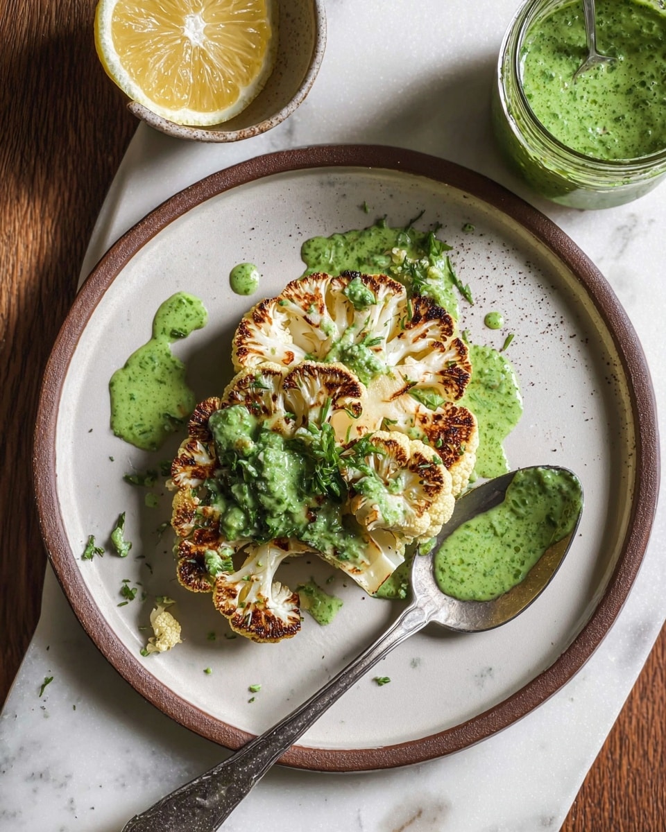 A white plate with a brown rim holds a thick slice of roasted cauliflower, showing white and light golden-brown charred edges. On top, a light green creamy sauce with visible green herbs is spread unevenly. A silver spoon with more sauce sits on the right side of the plate, with the sauce slightly spilling onto the plate. A lemon wedge with a bright yellow peel and pale yellow flesh rests on the left side of the cauliflower. In the background, a small glass jar filled with the same green sauce is visible, placed on a wooden textured surface. The whole setup is on a white marbled background. Photo taken with an iphone --ar 4:5 --v 7