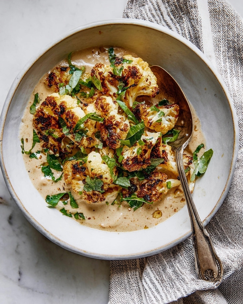 A white bowl holds a dish with three main layers: the bottom layer is a smooth, light beige creamy sauce; the next layer is golden-brown roasted cauliflower florets with some charred spots, adding a crispy texture; the top layer is scattered with bright green fresh herbs. A vintage silver spoon rests partly inside the bowl, and the bowl sits on a white marbled surface next to a striped cloth. Photo taken with an iphone --ar 4:5 --v 7