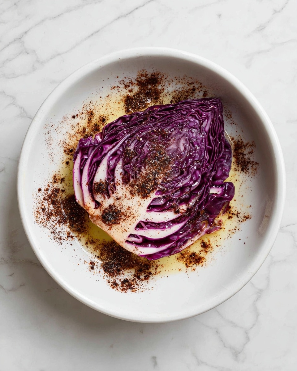 A white plate holds six large, thick wedges of roasted purple cabbage arranged in a loose circle. Each wedge shows layered, rich purple and dark violet leaves with some browned, crispy edges. The cabbage wedges have visible char marks highlighting the textures of the leaves. Small green herb pieces are scattered across the cabbage, adding a fresh contrast. The plate sits on a white marbled surface with a soft, white cloth featuring a black grid pattern partially underneath it. photo taken with an iphone --ar 4:5 --v 7