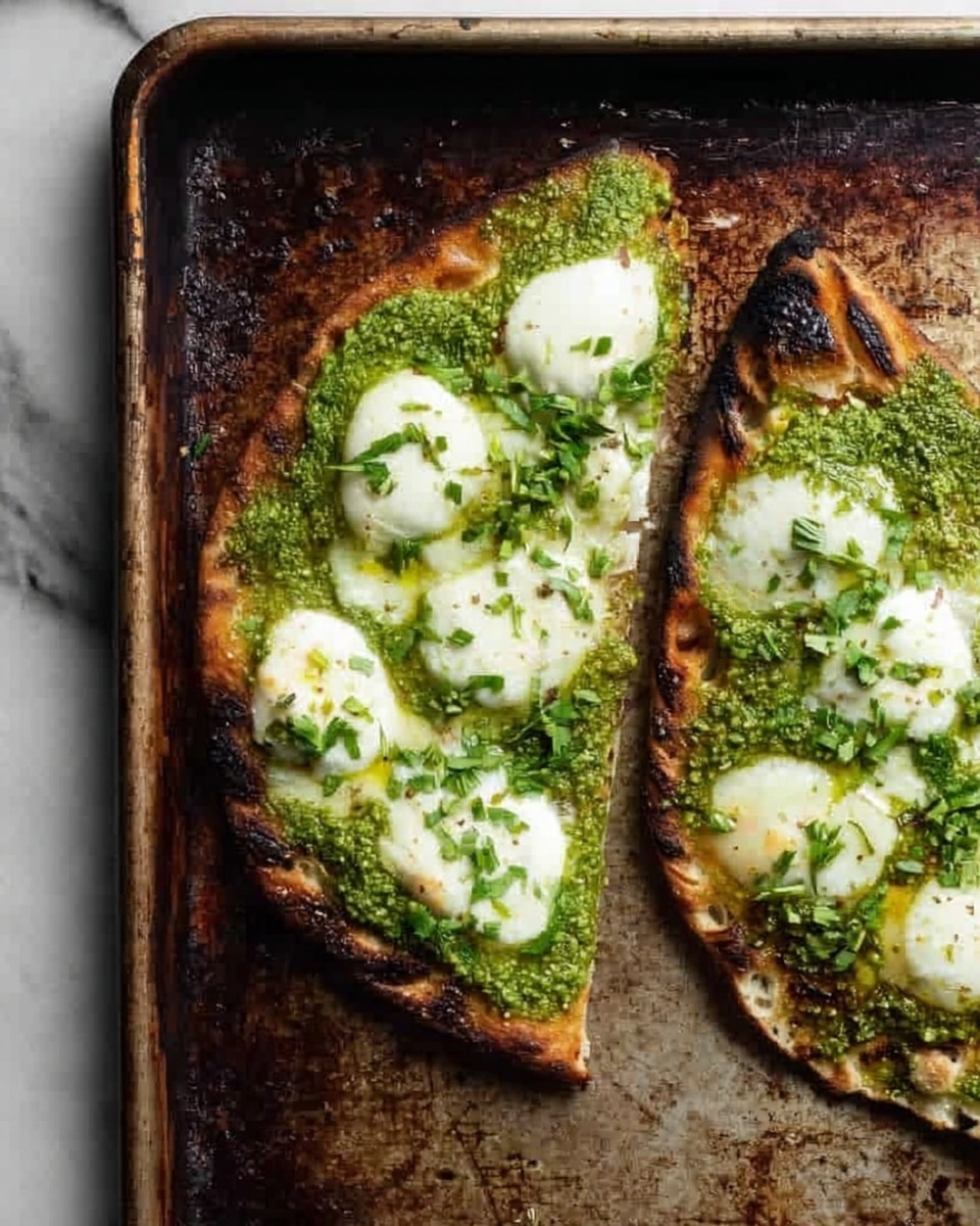 Four slices of toasted brown bread lie on a white marbled surface. Each slice has a layer of melted white cheese, with patches of green pesto sauce spread unevenly over the cheese. Small bits of chopped green herbs are sprinkled on top, adding a fresh, textured look. The bread edges are darker, showing a crispy, slightly charred texture around the toppings. Photo taken with an iphone --ar 4:5 --v 7
