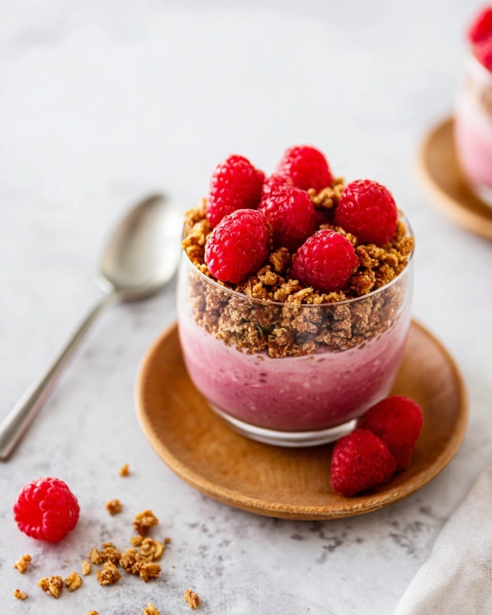 The image shows a clear round glass filled with three visible layers: the bottom layer is a textured raspberry mixture with a soft pinkish-red color, the middle layer is a crunchy golden-brown granola, and the top is decorated with bright red fresh raspberries scattered evenly. The glass is set on a small round wooden plate, placed on a white marbled surface. Nearby, a silver spoon lies to the left, and a few raspberries along with small bits of granola are placed casually around the plate. Photo taken with an iphone --ar 4:5 --v 7