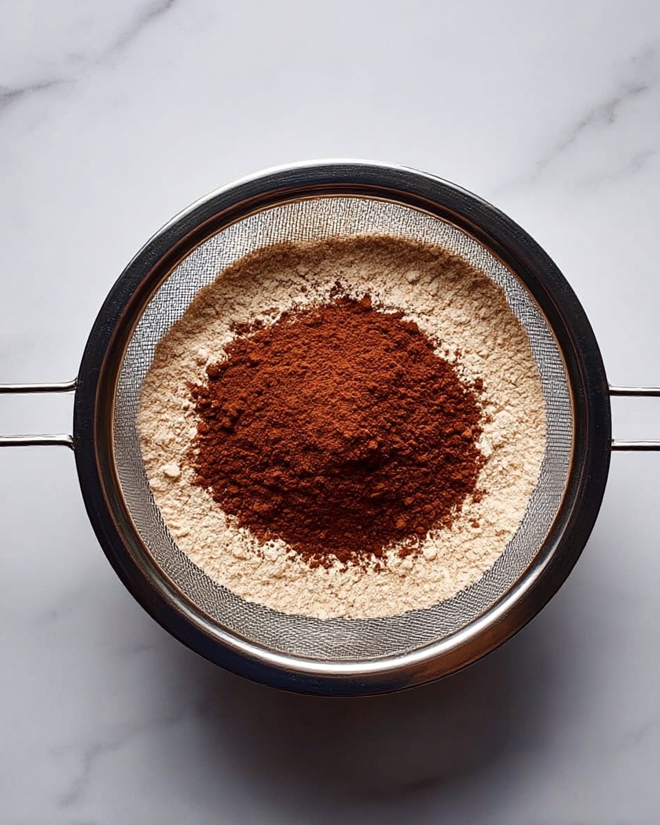 A round metal sieve holds two layers of powdery ingredients over a white marbled surface. The bottom layer is a light beige powder, likely flour, and the top layer is a smaller mound of dark brown powder, probably cocoa. The sieve is positioned flat and centered in the image. Photo taken with an iphone --ar 4:5 --v 7