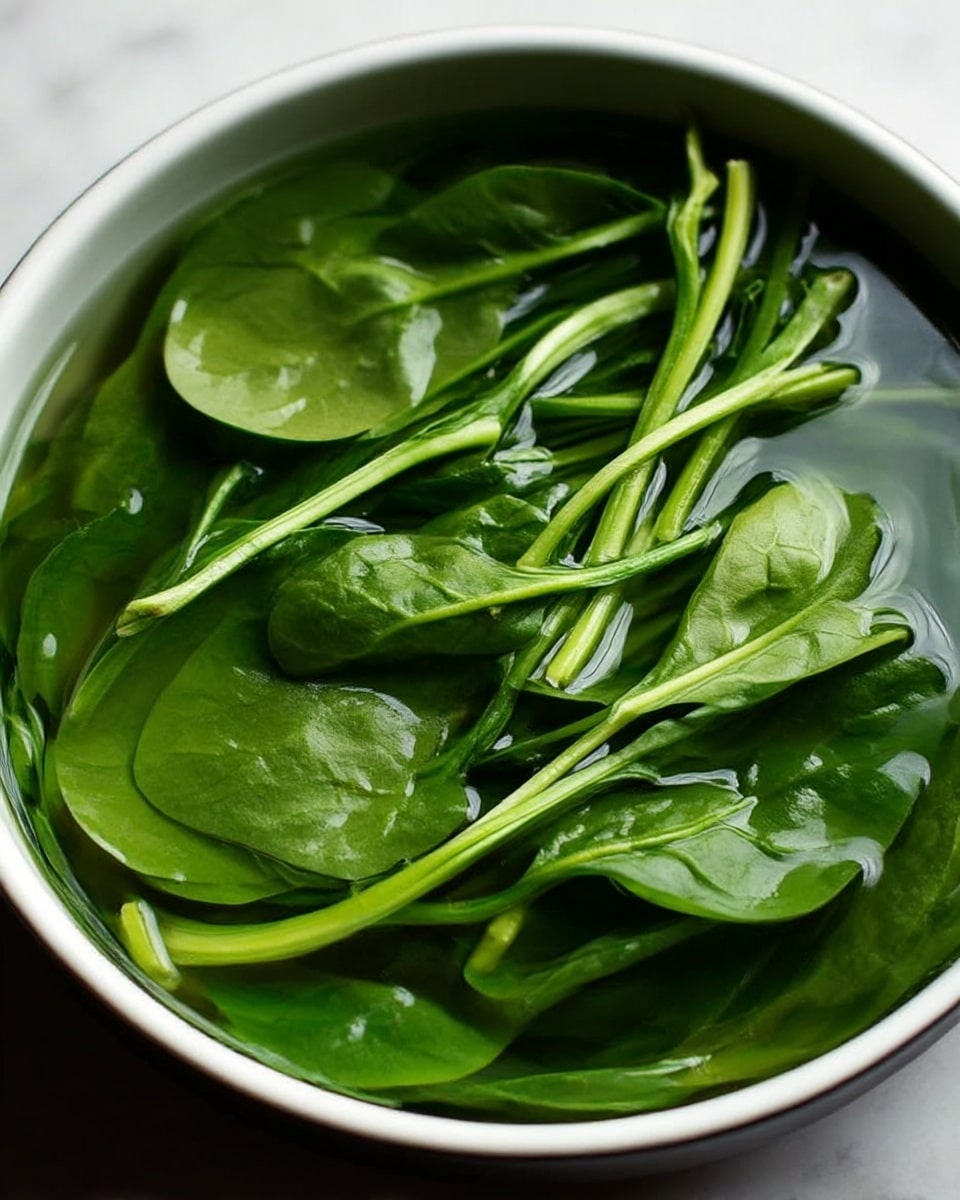 A close-up image of fresh green spinach leaves soaking in clear water inside a round white bowl. The leaves vary in size and shape, with smooth and slightly wrinkled textures. Some leafy stems rise above the water, showing a bright green color, while the submerged leaves appear a bit darker. The white marble surface below reflects soft light and adds a clean, simple background. photo taken with an iphone --ar 4:5 --v 7
