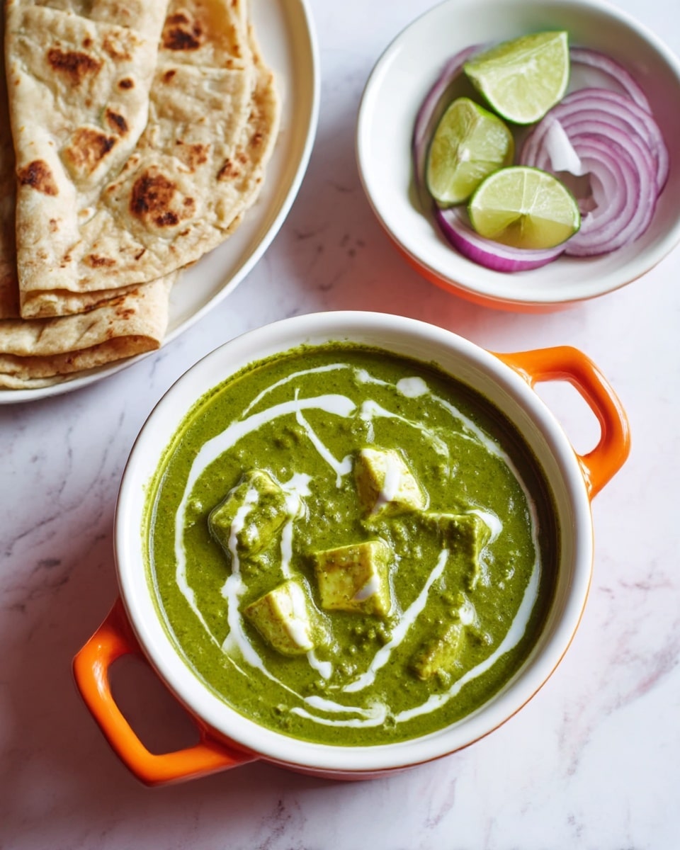 A white bowl with orange handles filled with bright green curry that has a creamy texture and pieces of paneer inside, topped with thin white cream streaks swirled on the surface. On the top left, a white plate holds folded light brown flatbread with some uneven brown spots. Above that, there is a white bowl filled with two slices of red onion and two lime wedges. All dishes are placed on a white marbled surface, photo taken with an iphone --ar 4:5 --v 7