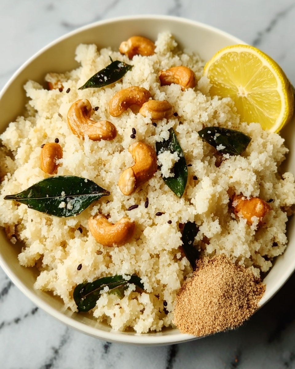 A white bowl filled with light, fluffy cooked semolina that has a grainy texture. Mixed in are golden brown roasted cashew nuts scattered on top and throughout, dark green curry leaves, and small black mustard seeds. One half of a bright yellow lemon slice sits on the right side of the bowl next to a small mound of brownish powdered mix. The bowl is placed on a white marbled surface. photo taken with an iphone --ar 4:5 --v 7