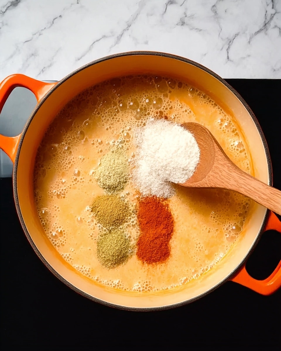 A round orange pot with black handles on both sides contains a thick light orange mixture with bubbles. On the surface of the mixture, there are three piles of powder spices in green, brown, and red colors arranged horizontally from left to right. A wooden spoon held by a woman's hand is placing a pile of white powder spice near the red powder on the right side. The pot is on a black surface, but the background has been changed to a white marbled texture. Photo taken with an iphone --ar 4:5 --v 7