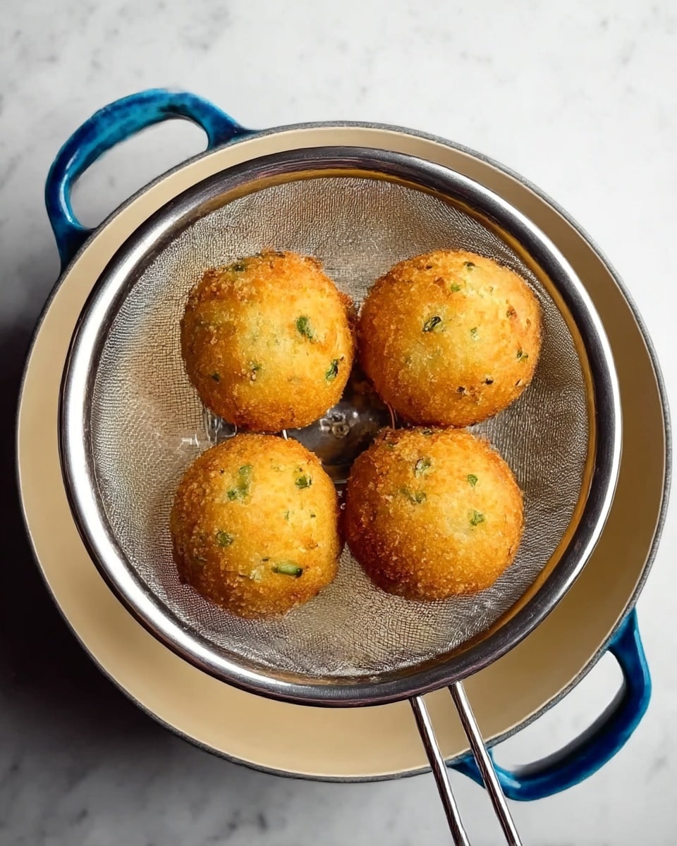 The image shows a white plate with a smooth layer of orange-colored sauce spread evenly at the bottom. There are six round, golden-brown balls placed on top of the sauce, arranged in two rows with three balls each. On the surface of the sauce, white cream is drizzled in a swirl pattern around the balls, creating contrast against the orange sauce. The plate rests on a white marbled texture background. Photo taken with an iphone --ar 4:5 --v 7