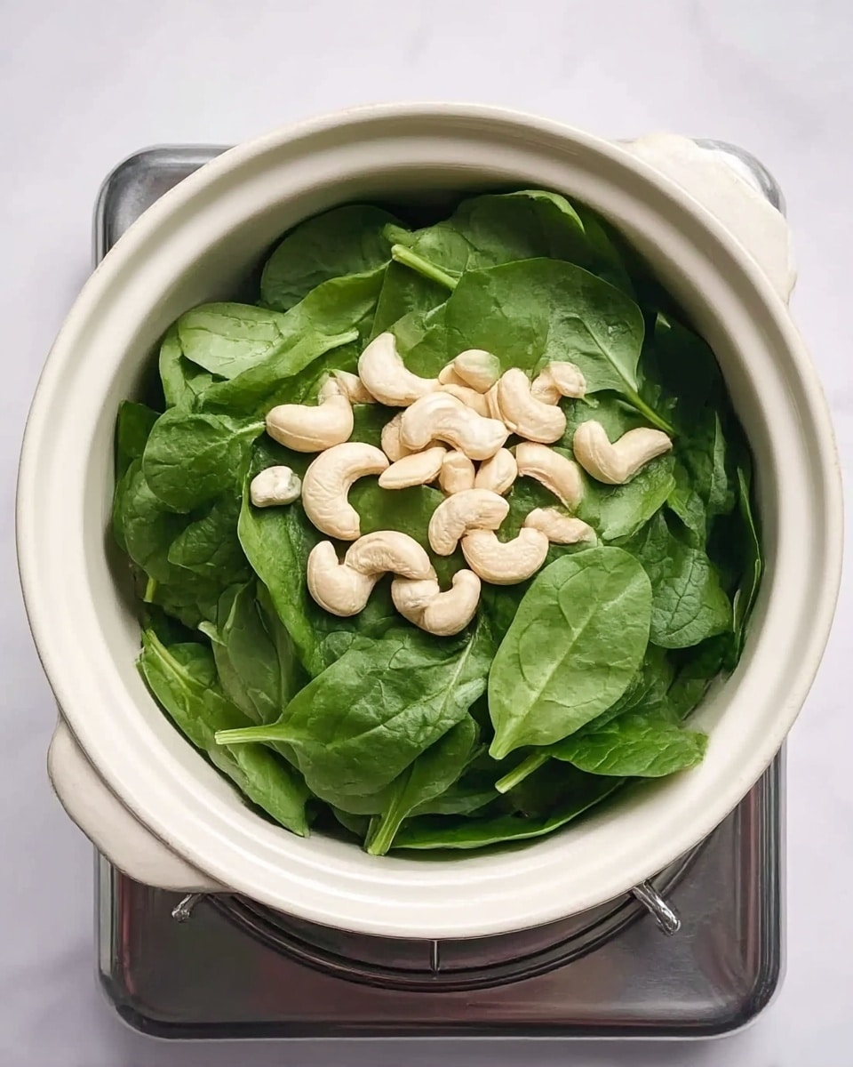 A white ceramic pot filled with several fresh dark green spinach leaves forming the base layer. On top, there is a layer of light cream-colored cashew nuts scattered unevenly. The pot is placed on a stainless steel stove top, all set against a white marbled textured surface. photo taken with an iphone --ar 4:5 --v 7