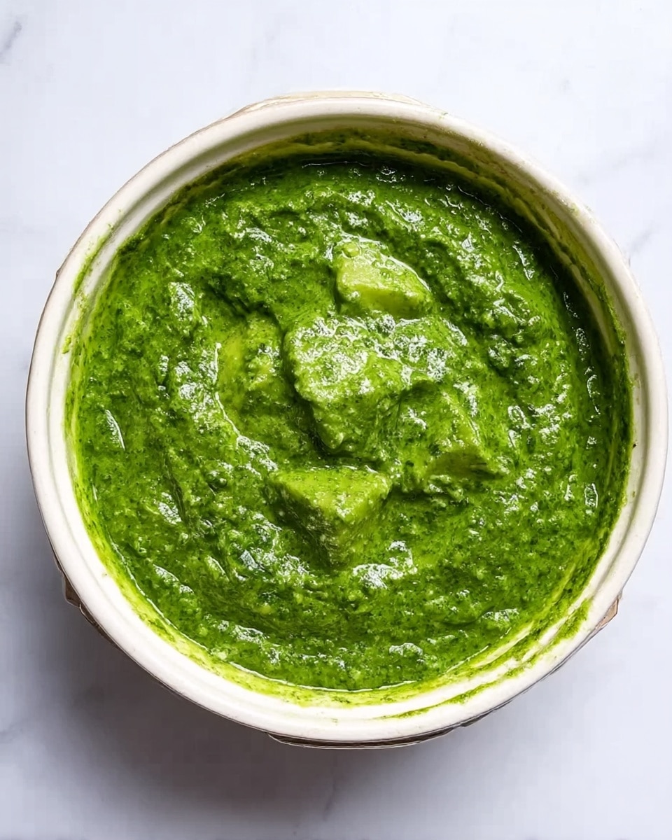 A white bowl filled with thick, bright green curry with a smooth texture; inside the curry are six medium-sized light yellow cubes of paneer evenly placed, half-covered by the green sauce; on top, there is a swirl of white cream gently spread around the paneer cubes. The bowl sits on a white marbled surface with a small bunch of green herbs nearby. photo taken with an iphone --ar 4:5 --v 7