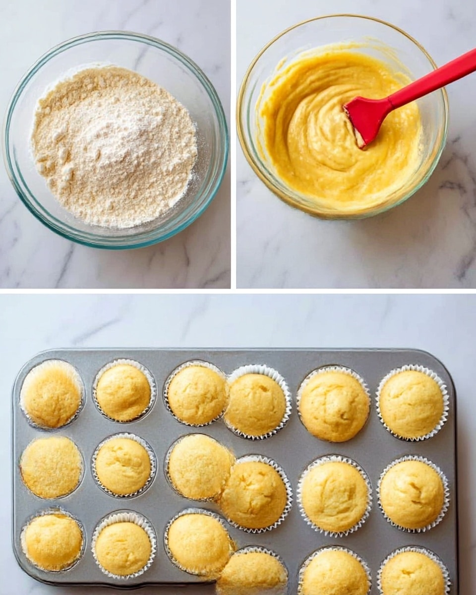 The image shows a close-up of light yellow cupcakes with a soft and fluffy texture. One cupcake is cut in half and placed in the bottom center of the image, revealing two inner layers of spongy cake with tiny holes and slightly moist crumbs. The cupcakes are lined in white paper wrappers. In the background, there are whole cupcakes topped with white icing and small orange zest pieces on a metal wire cooling rack. On the right side of the image, a half orange with bright reddish-orange flesh is visible. The surface beneath everything is a white marbled texture. photo taken with an iphone --ar 4:5 --v 7