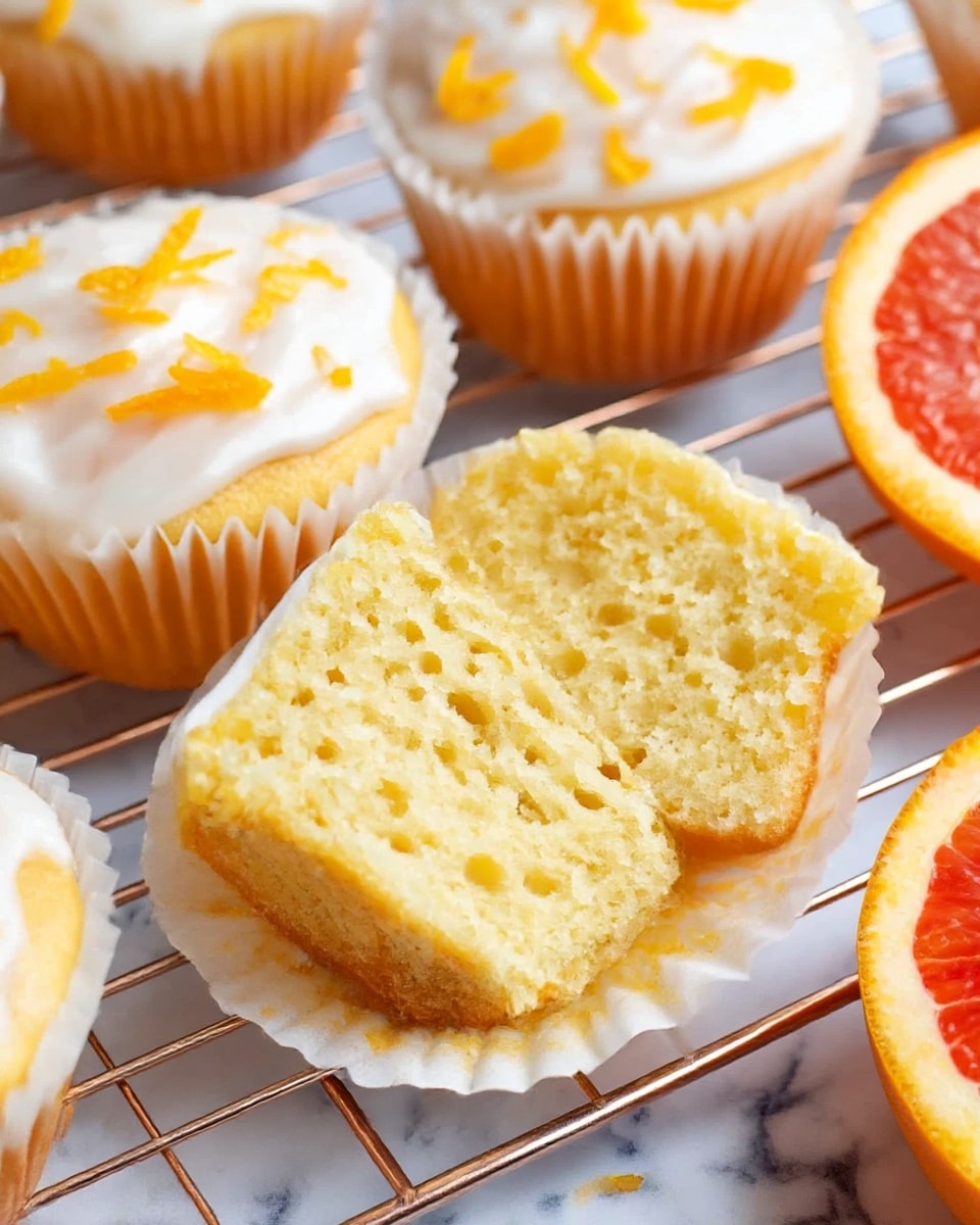 The image shows a group of yellow-orange muffins arranged on a metal cooling rack. Each muffin has a white paper liner and is topped with white icing drizzled over the top, which runs slightly down the sides. Small pieces of bright orange zest are sprinkled over the icing on each muffin. The background has a white marbled texture, and part of a sliced orange is visible in the bottom right corner. photo taken with an iphone --ar 4:5 --v 7